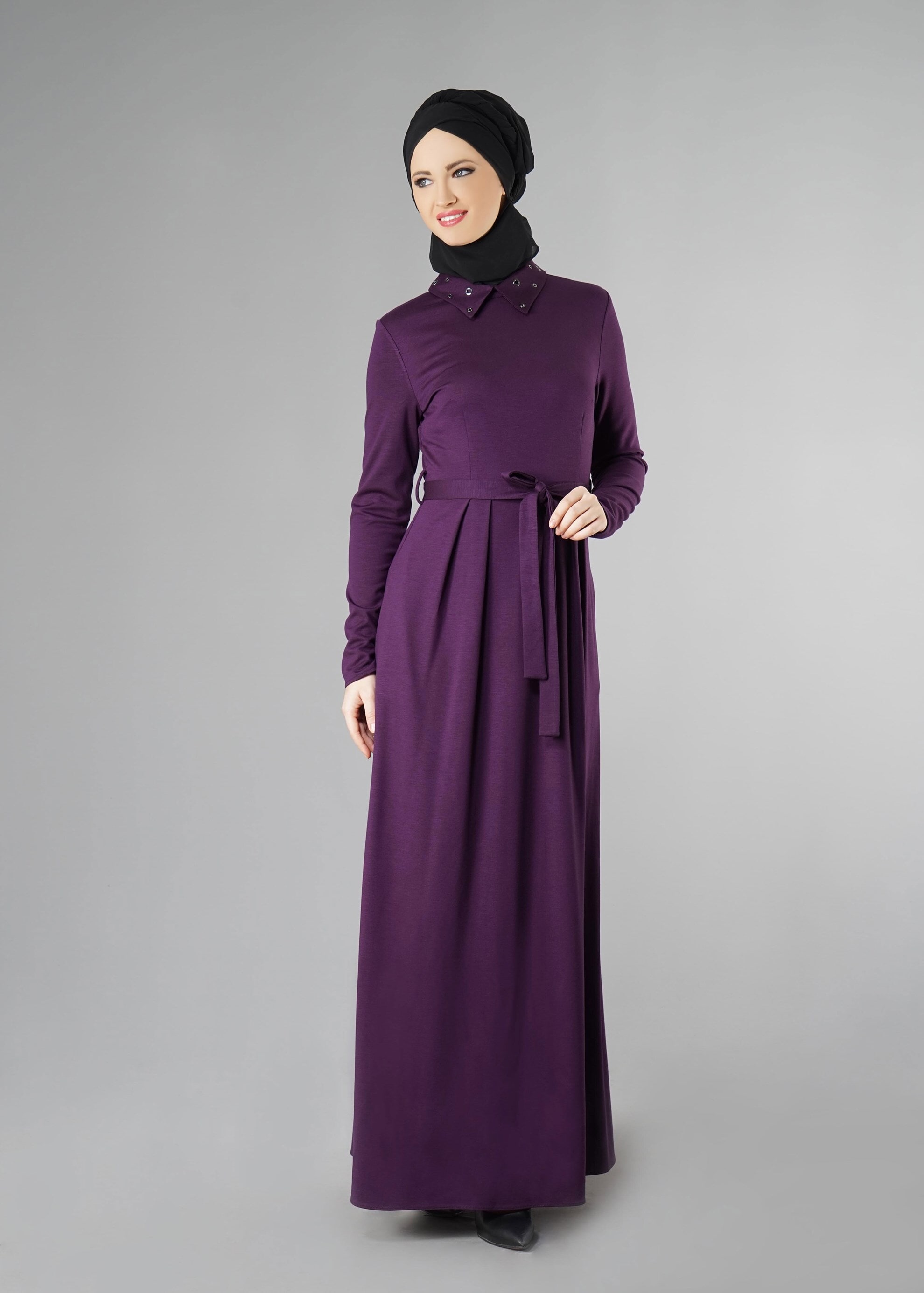 Tesettür giyim MOR KUŞGÖZÜ DETAYLI KUŞAKLI ELBİSE 4906 