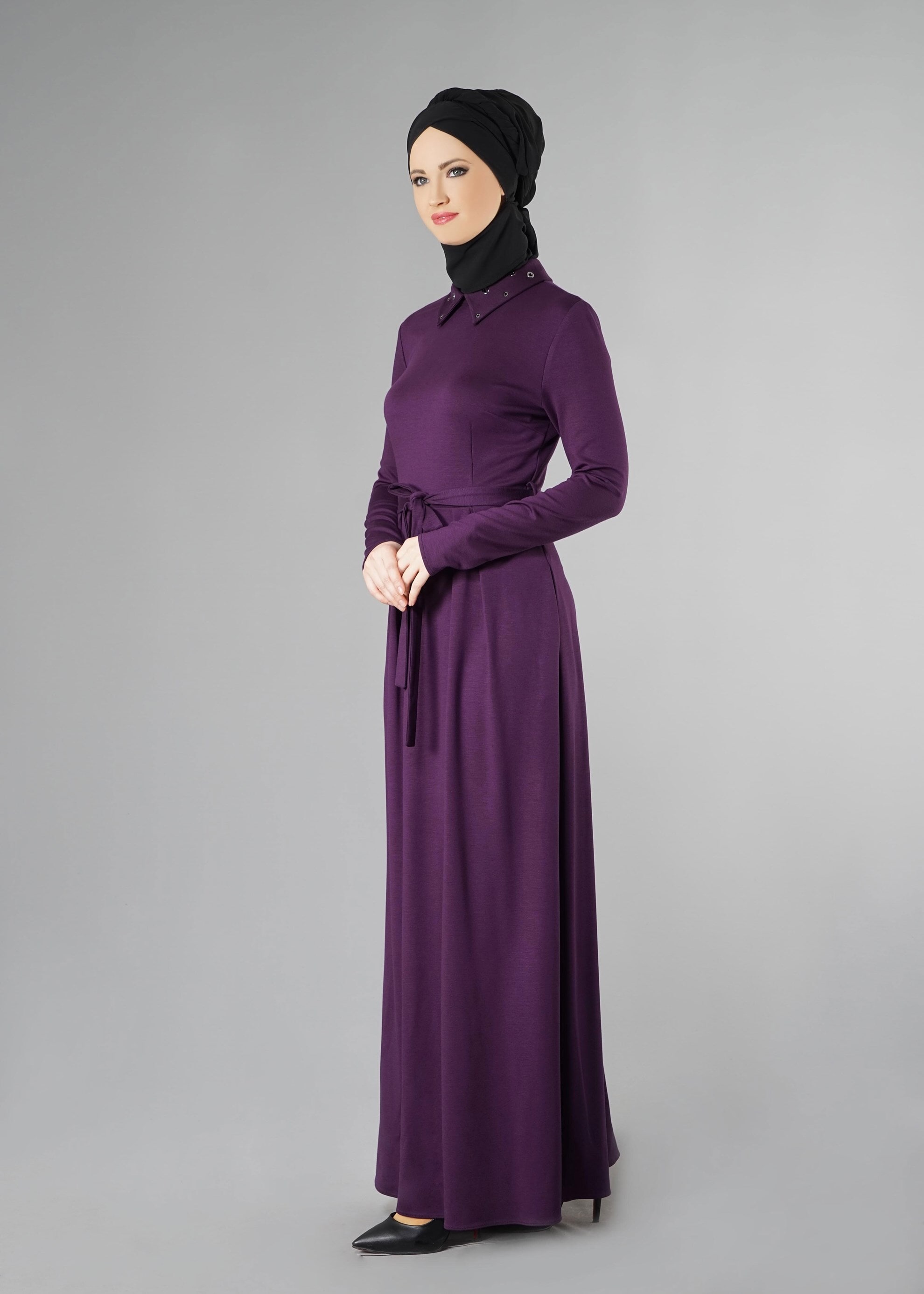 Tesettür giyim MOR KUŞGÖZÜ DETAYLI KUŞAKLI ELBİSE 4906 