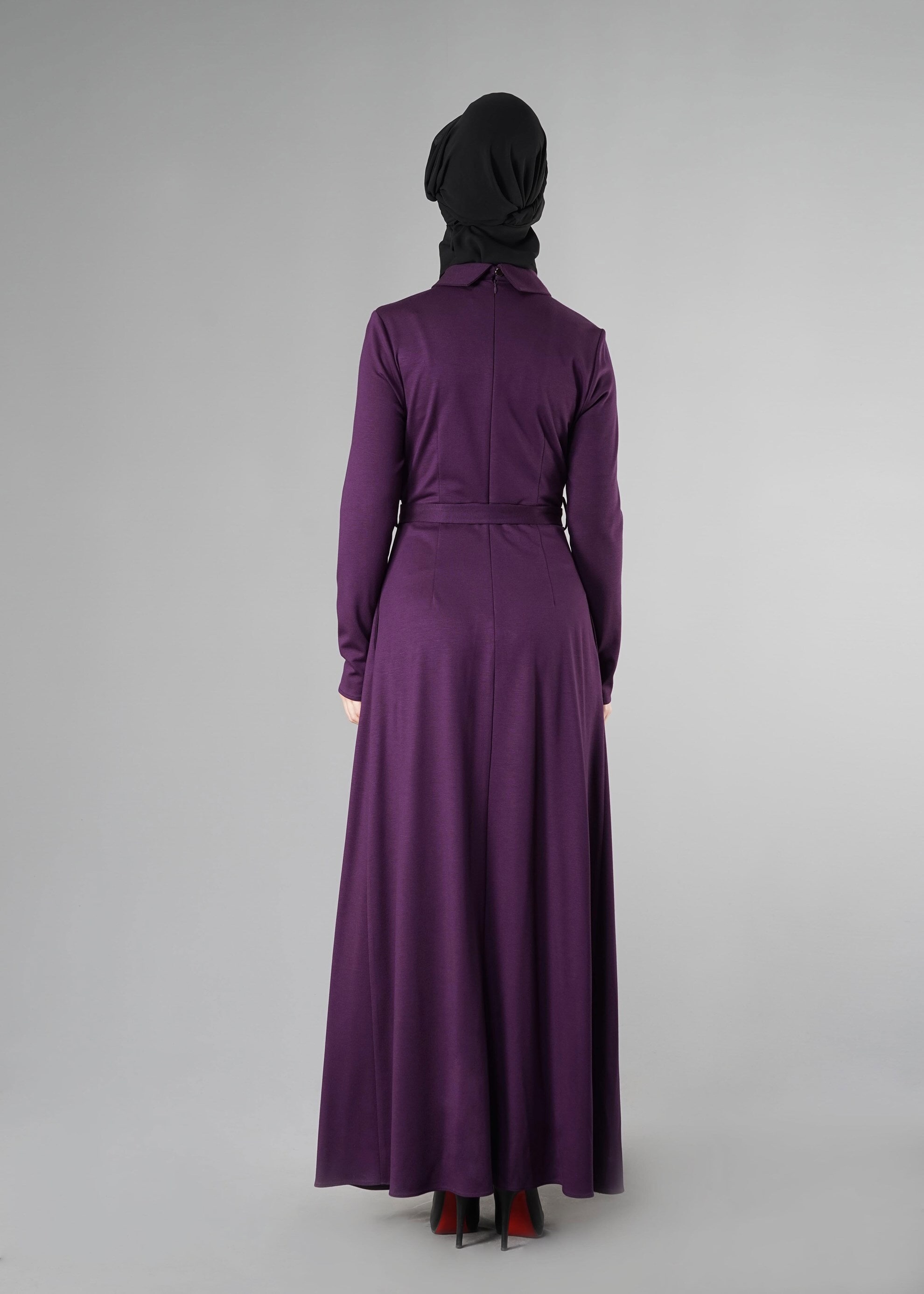 Tesettür giyim MOR KUŞGÖZÜ DETAYLI KUŞAKLI ELBİSE 4906 