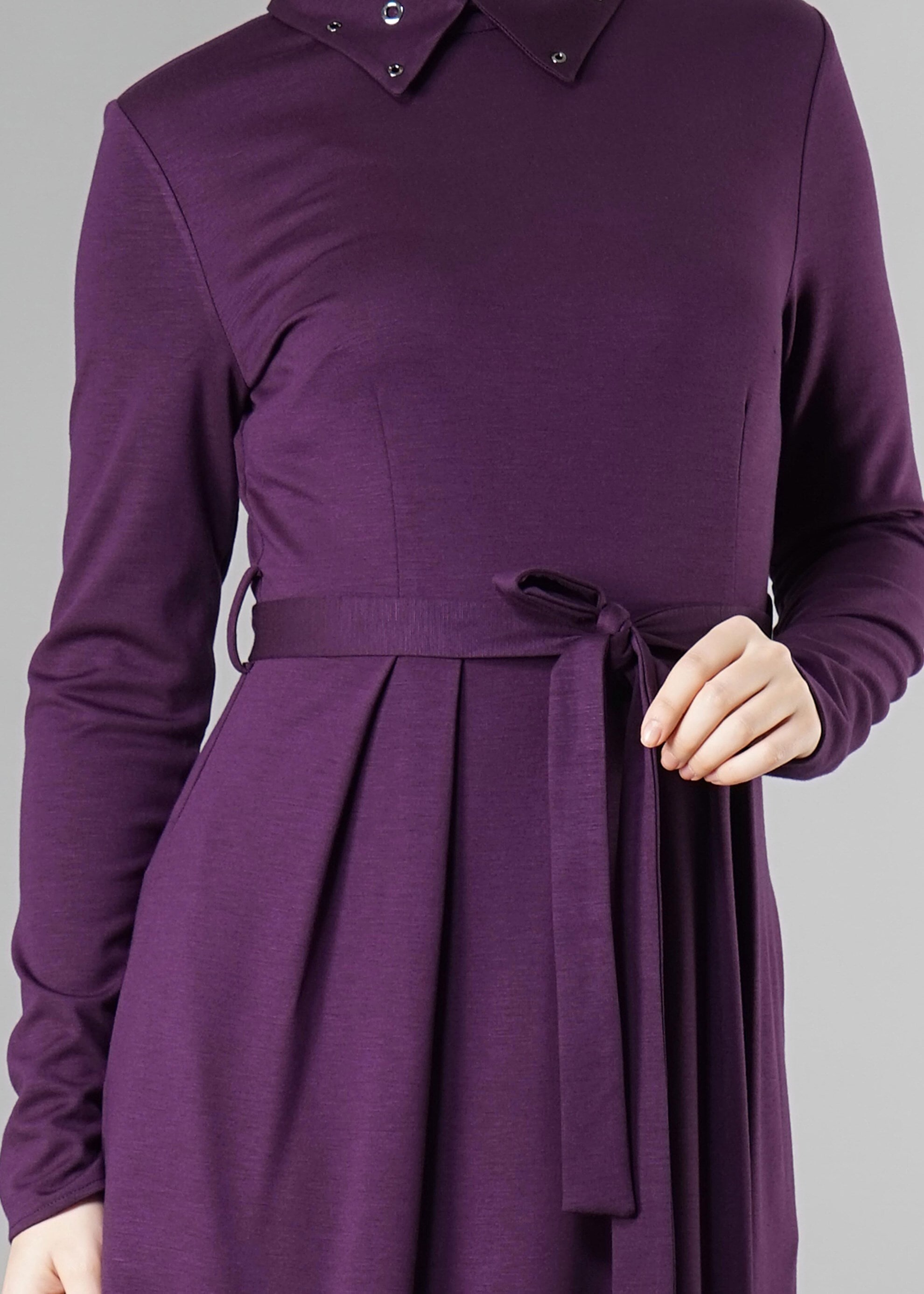 Tesettür giyim MOR KUŞGÖZÜ DETAYLI KUŞAKLI ELBİSE 4906 