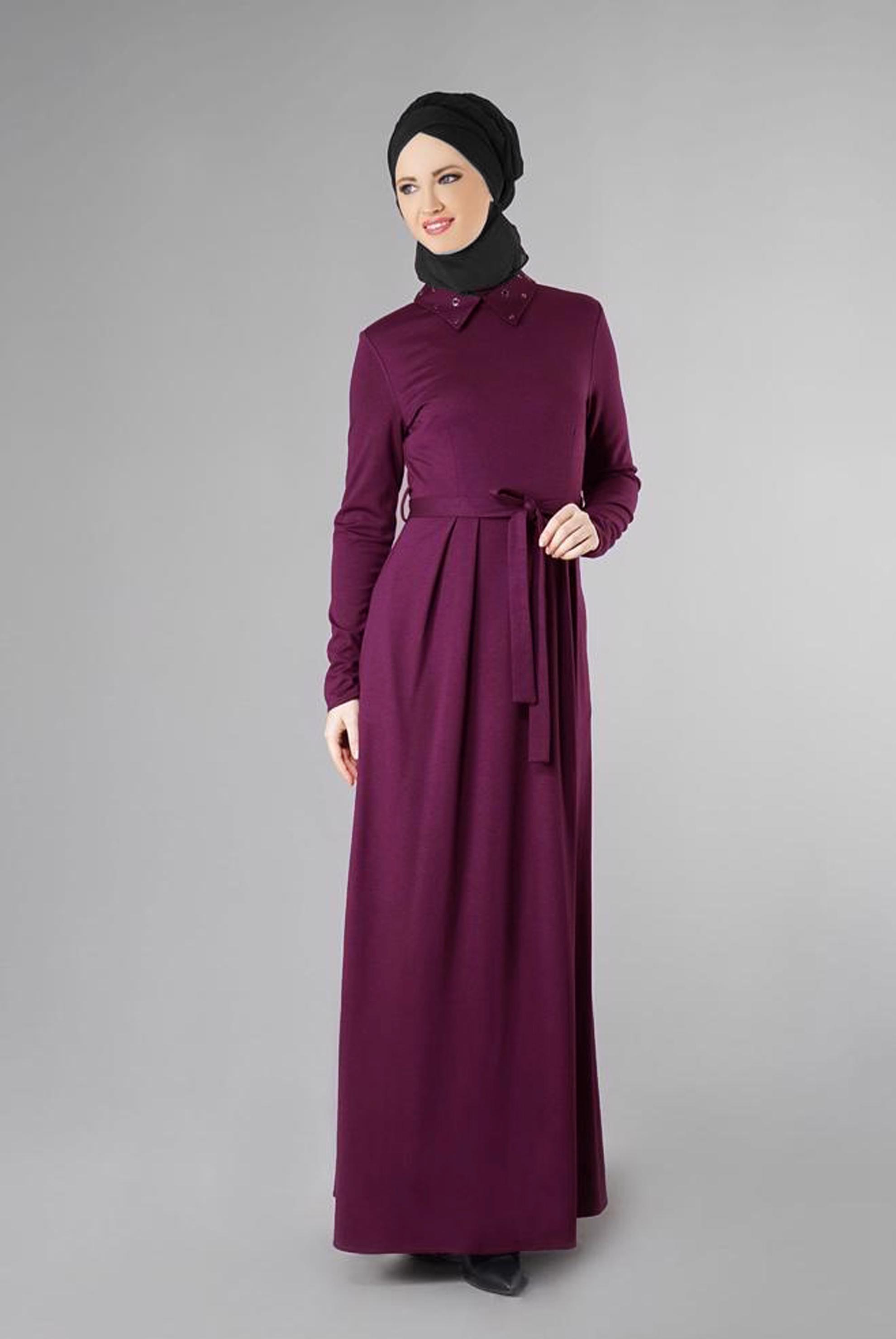 Tesettür giyim MOR KUŞGÖZÜ DETAYLI KUŞAKLI ELBİSE 4906 