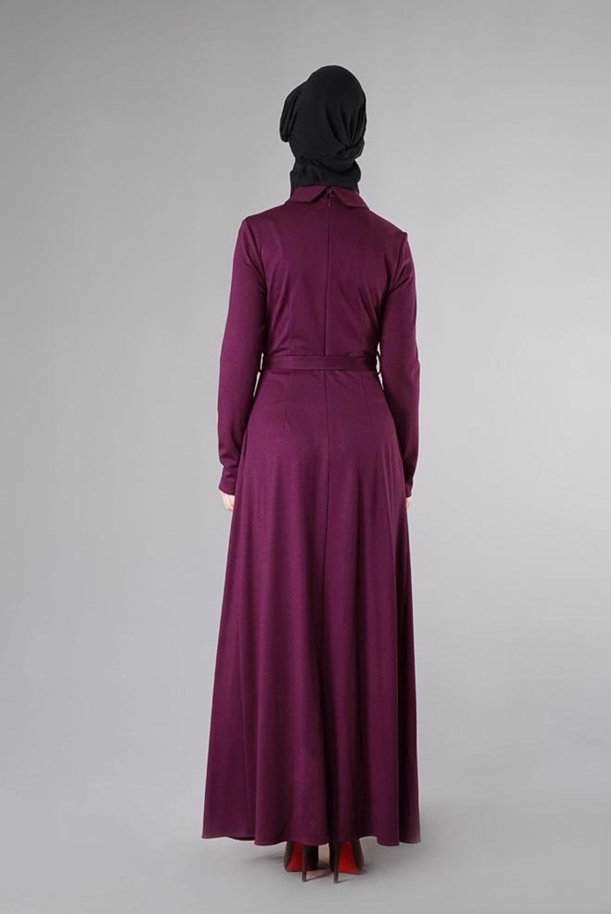 Tesettür giyim MOR KUŞGÖZÜ DETAYLI KUŞAKLI ELBİSE 4906 