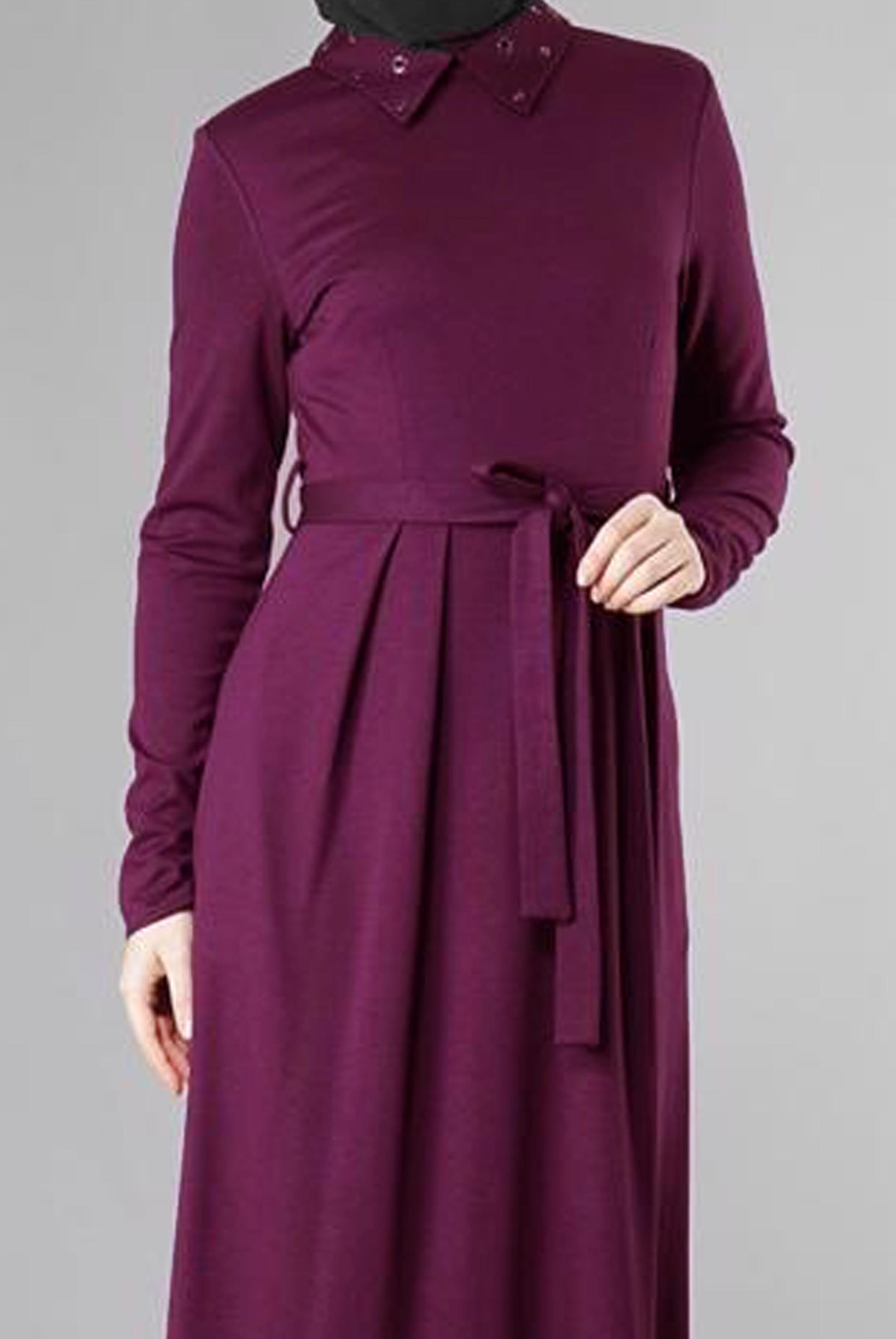 Tesettür giyim MOR KUŞGÖZÜ DETAYLI KUŞAKLI ELBİSE 4906 