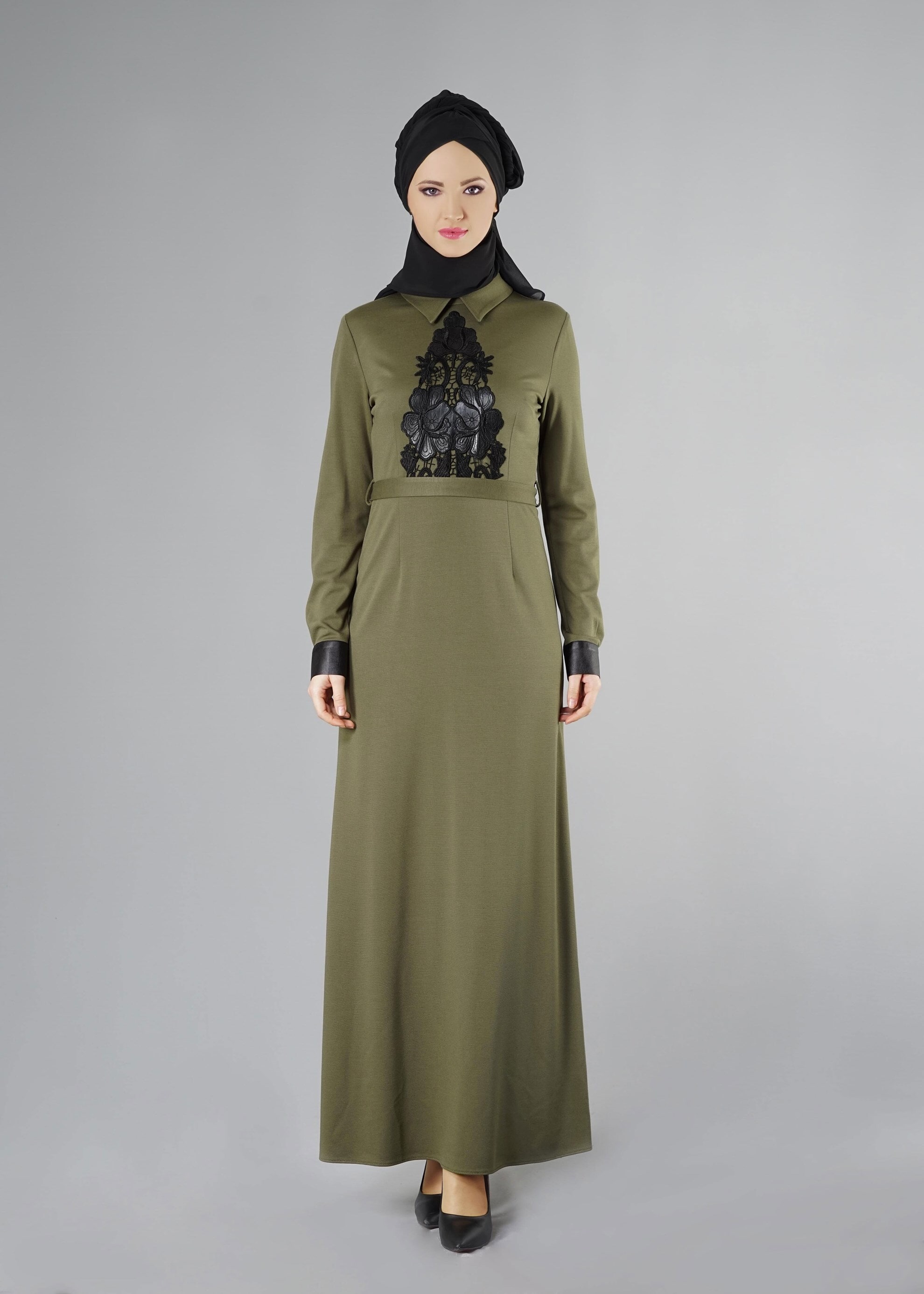 Tesettür giyim HAKİ GÜPÜR DETAYLI ELBİSE 4907 