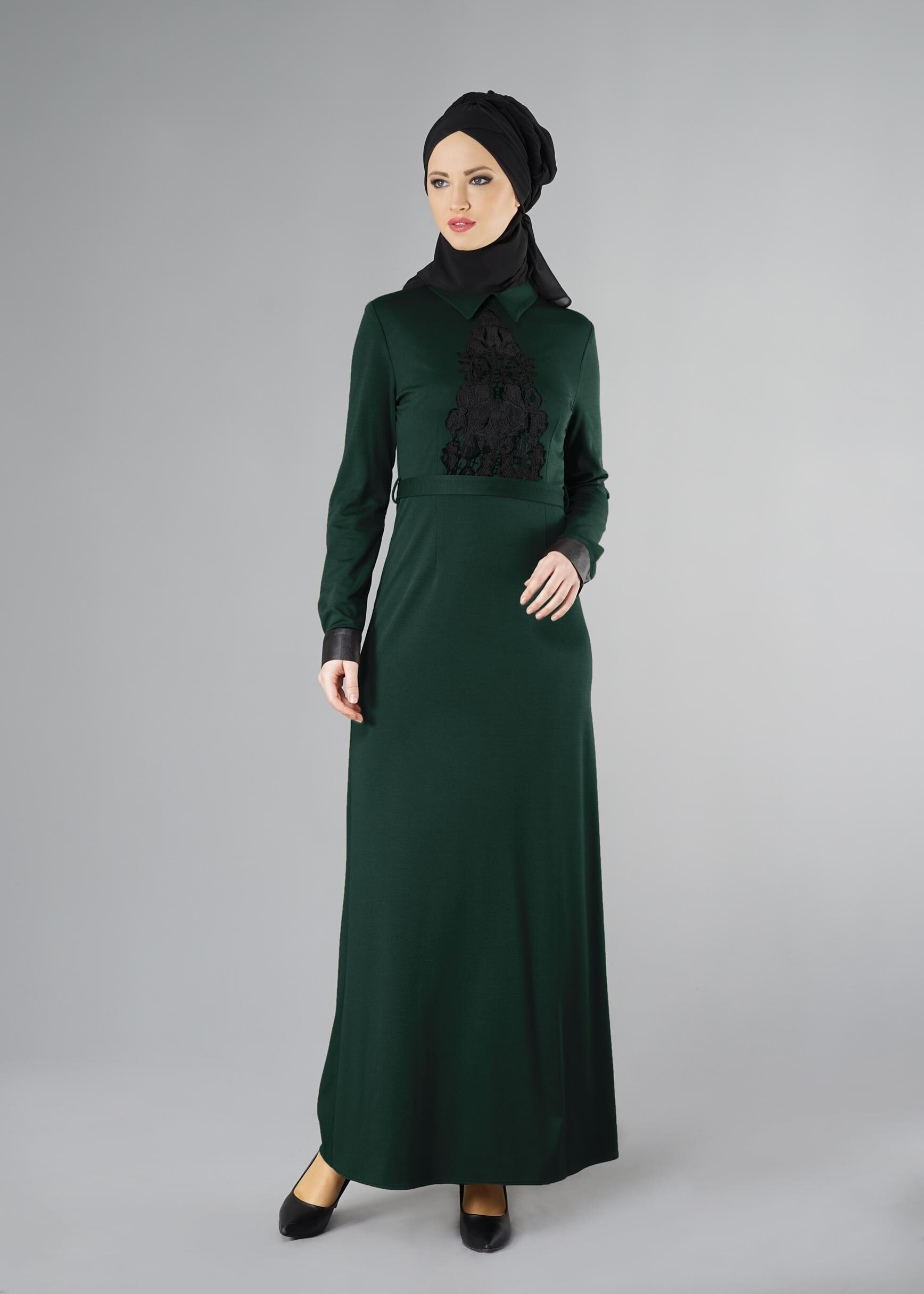 Tesettür giyim YEŞİL GÜPÜR DETAYLI ELBİSE 4907 