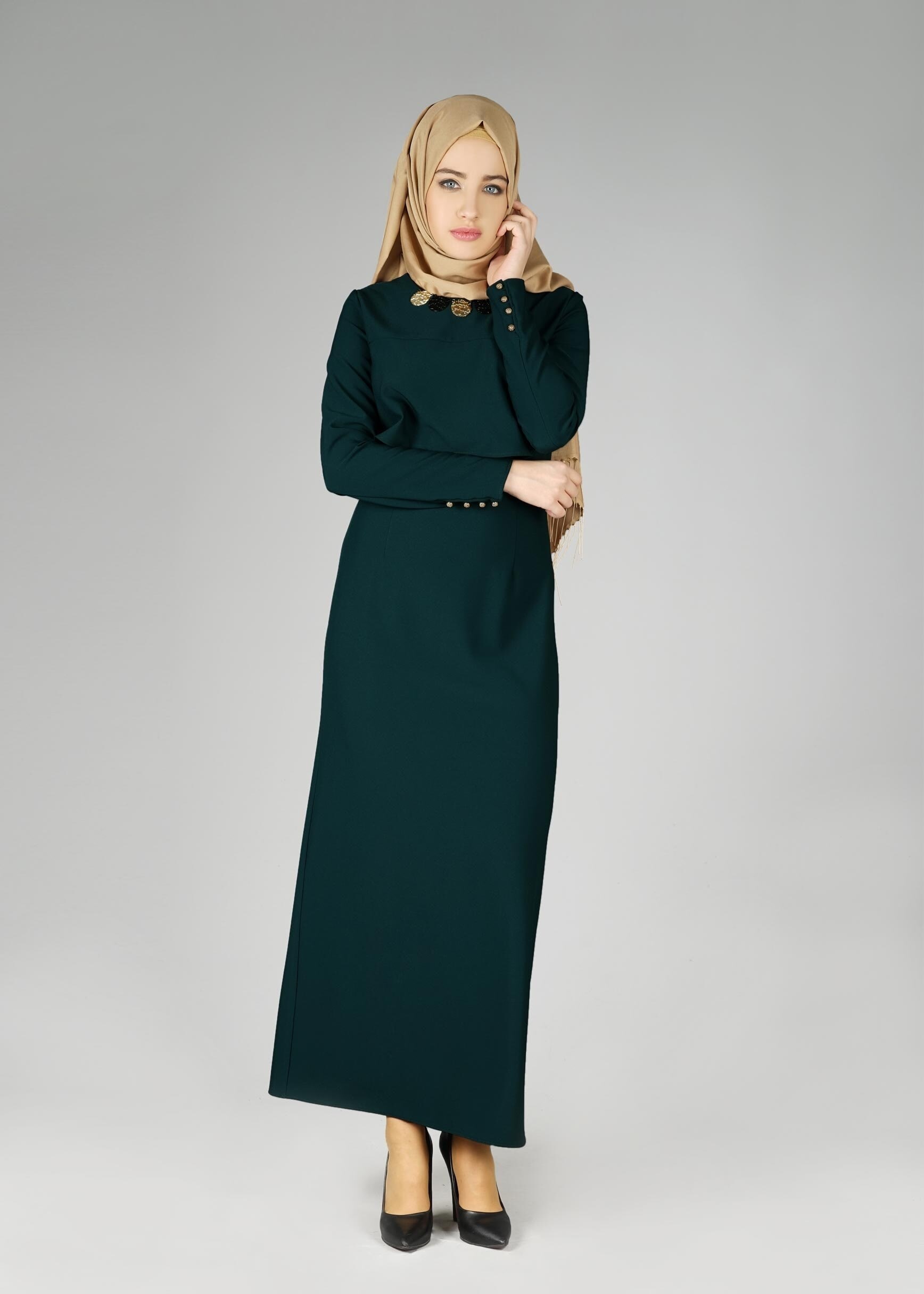 Tesettür giyim YEŞİL KLASİK ELBİSE 4936 