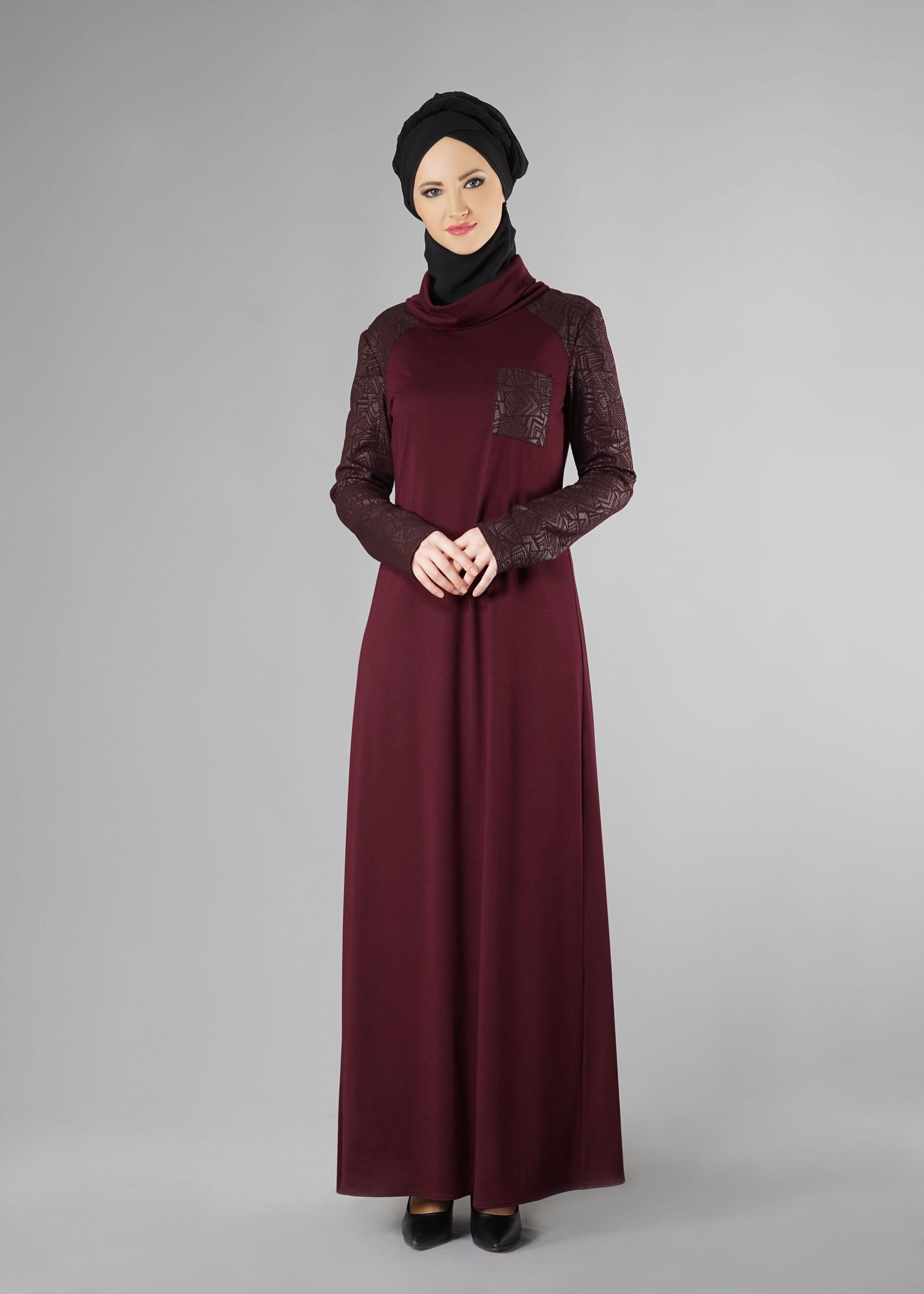 Tesettür giyim BORDO DESENLİ ELBİSE 4938 