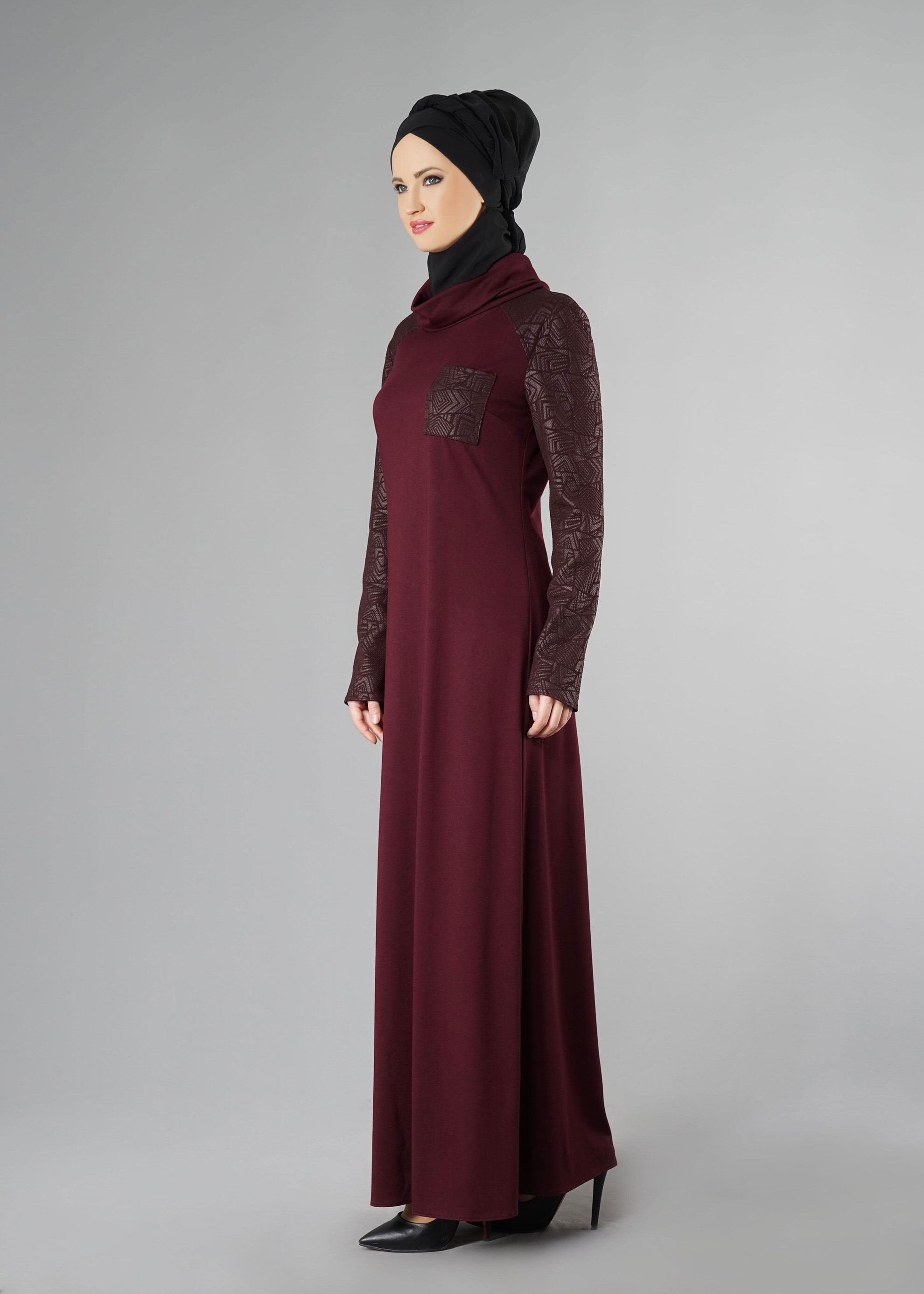 Tesettür giyim BORDO DESENLİ ELBİSE 4938 