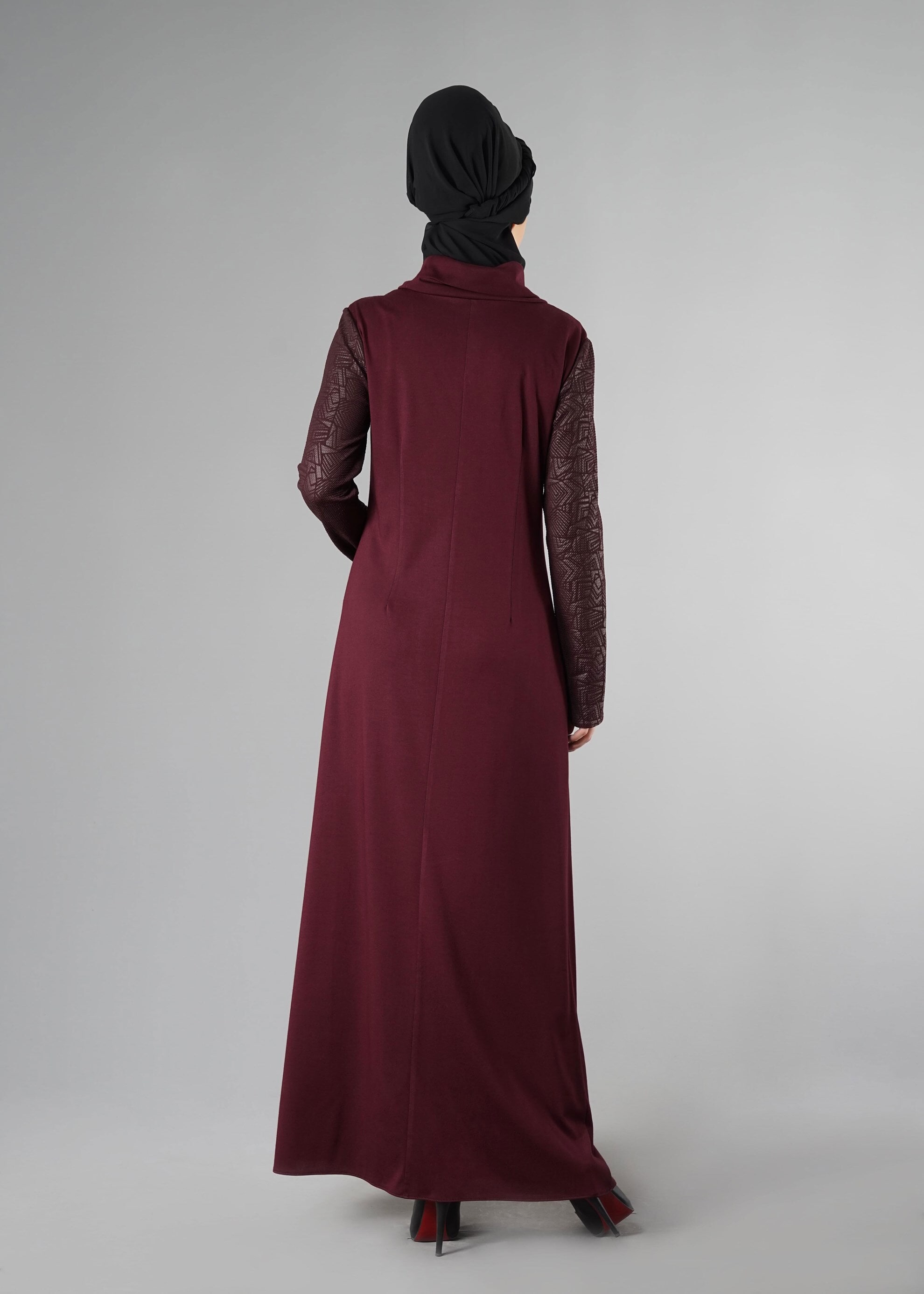 Tesettür giyim BORDO DESENLİ ELBİSE 4938 