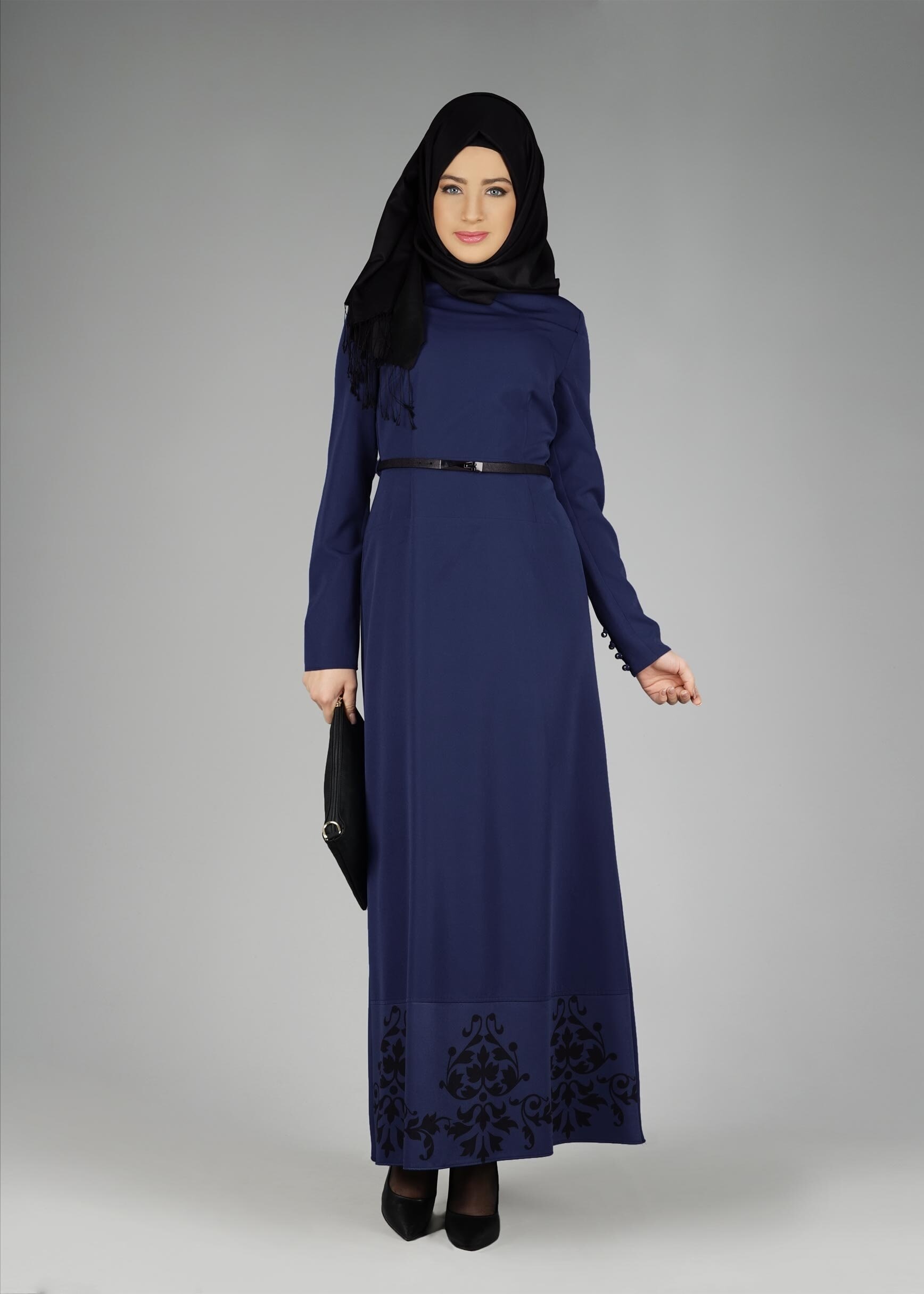 Tesettür giyim LACİVERT ETEK UCU DESENLİ ELBİSE 4963 