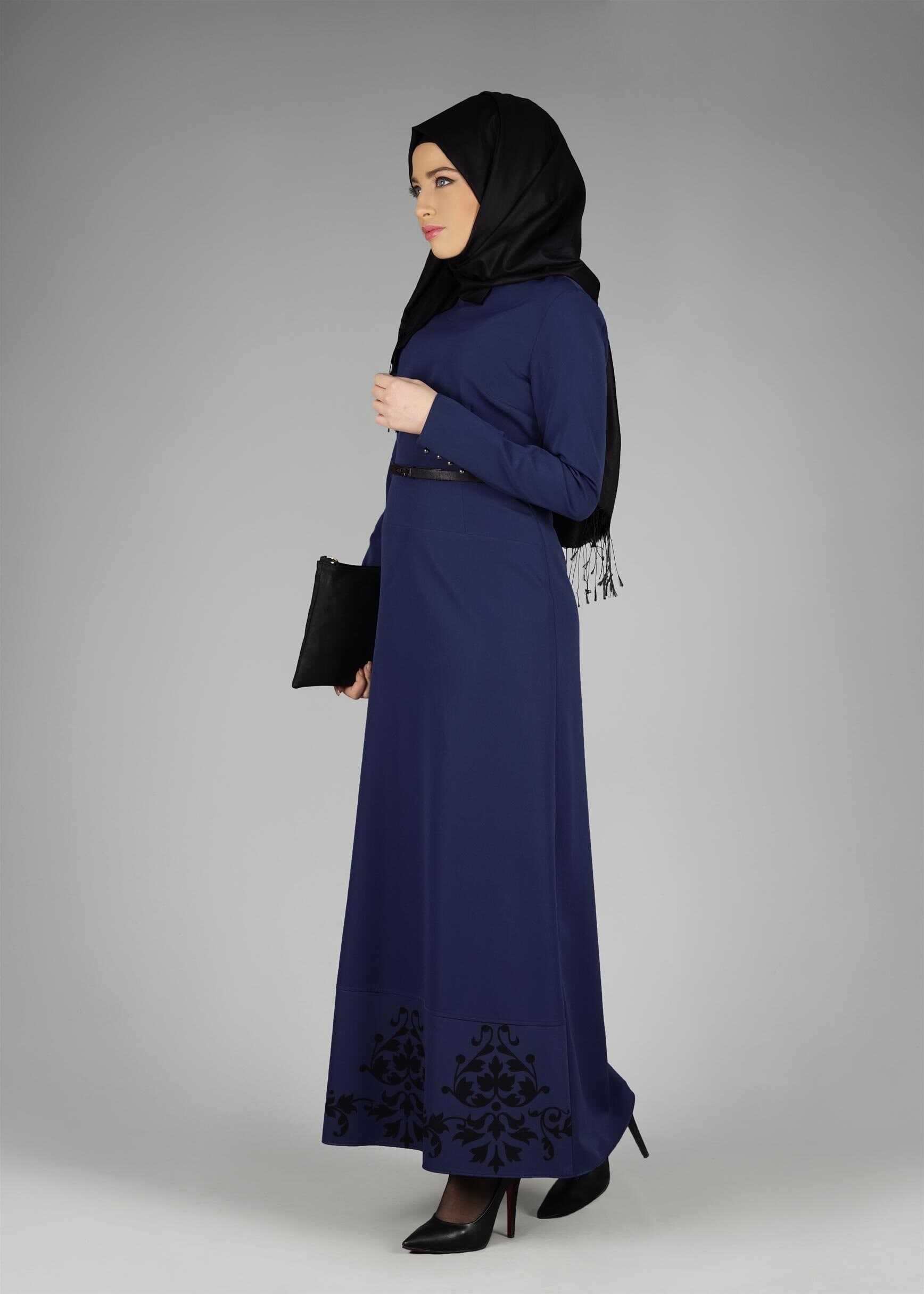 Tesettür giyim LACİVERT ETEK UCU DESENLİ ELBİSE 4963 