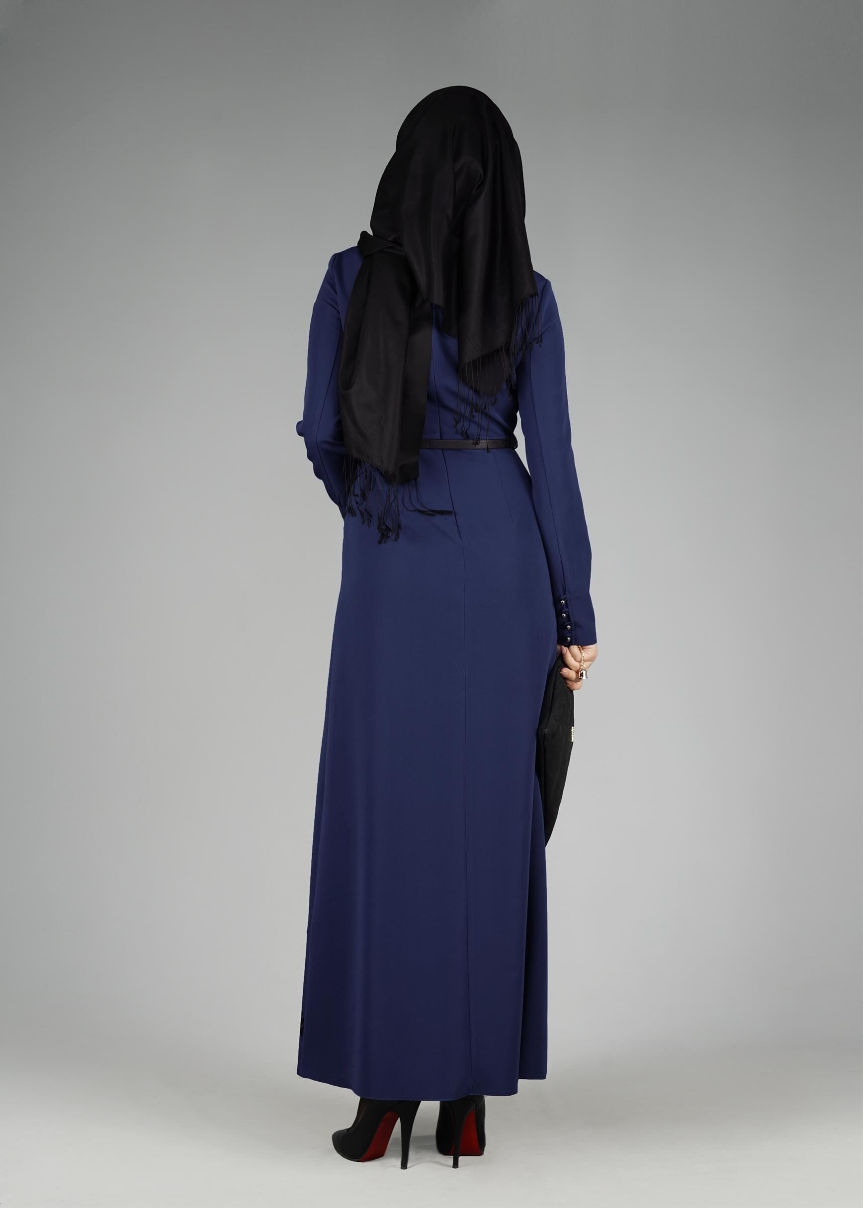 Tesettür giyim LACİVERT ETEK UCU DESENLİ ELBİSE 4963 