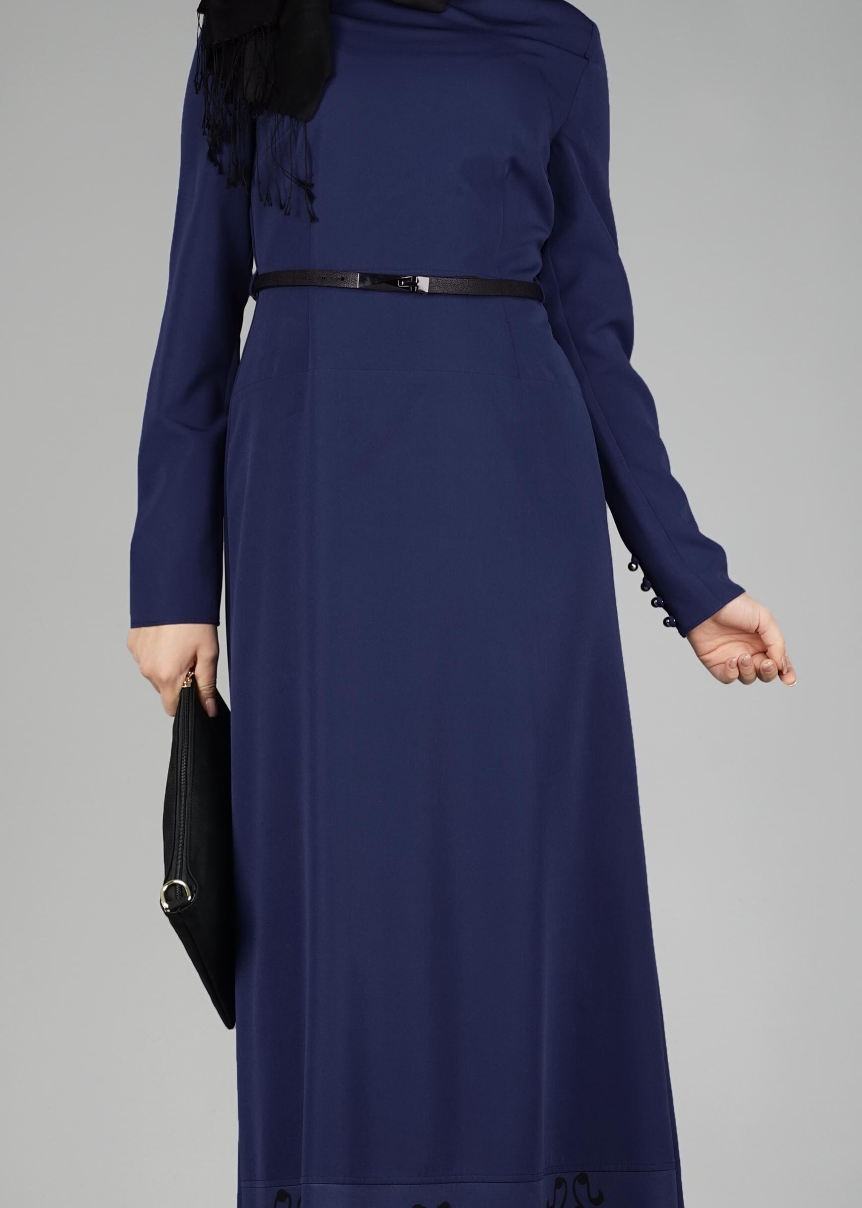 Tesettür giyim LACİVERT ETEK UCU DESENLİ ELBİSE 4963 