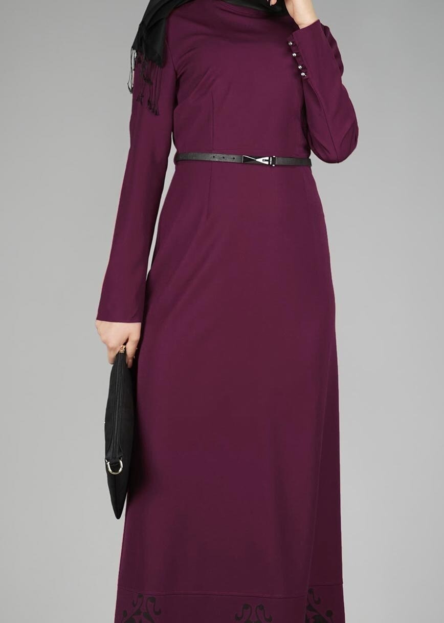 Tesettür giyim MOR ETEK UCU DESENLİ ELBİSE 4963 