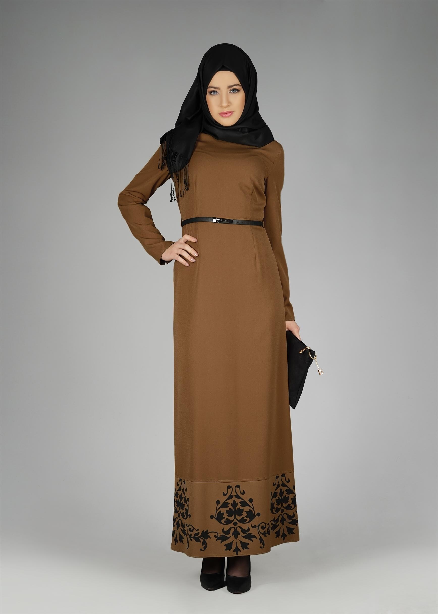 Tesettür giyim KAHVE ETEK UCU DESENLİ ELBİSE 4963 