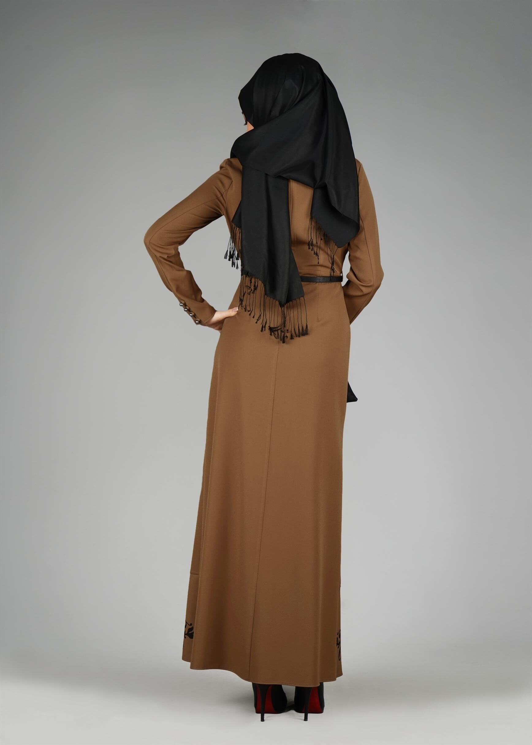 Tesettür giyim KAHVE ETEK UCU DESENLİ ELBİSE 4963 