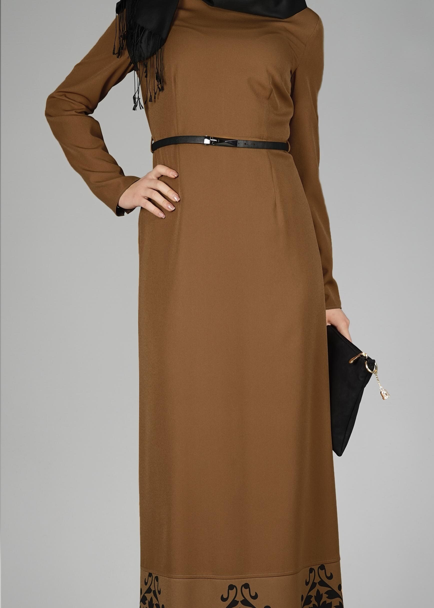 Tesettür giyim KAHVE ETEK UCU DESENLİ ELBİSE 4963 