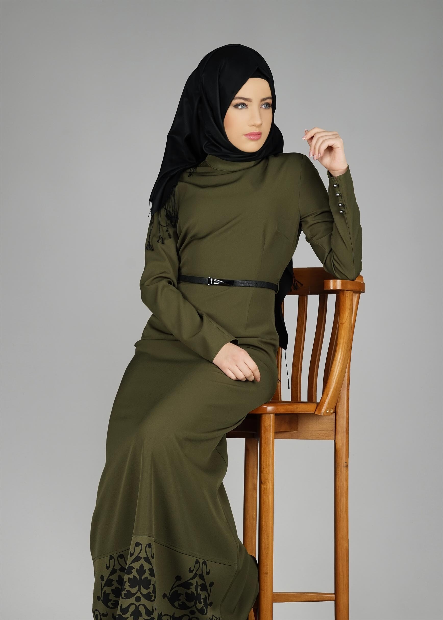 Tesettür giyim YEŞİL ETEK UCU DESENLİ ELBİSE 4963 