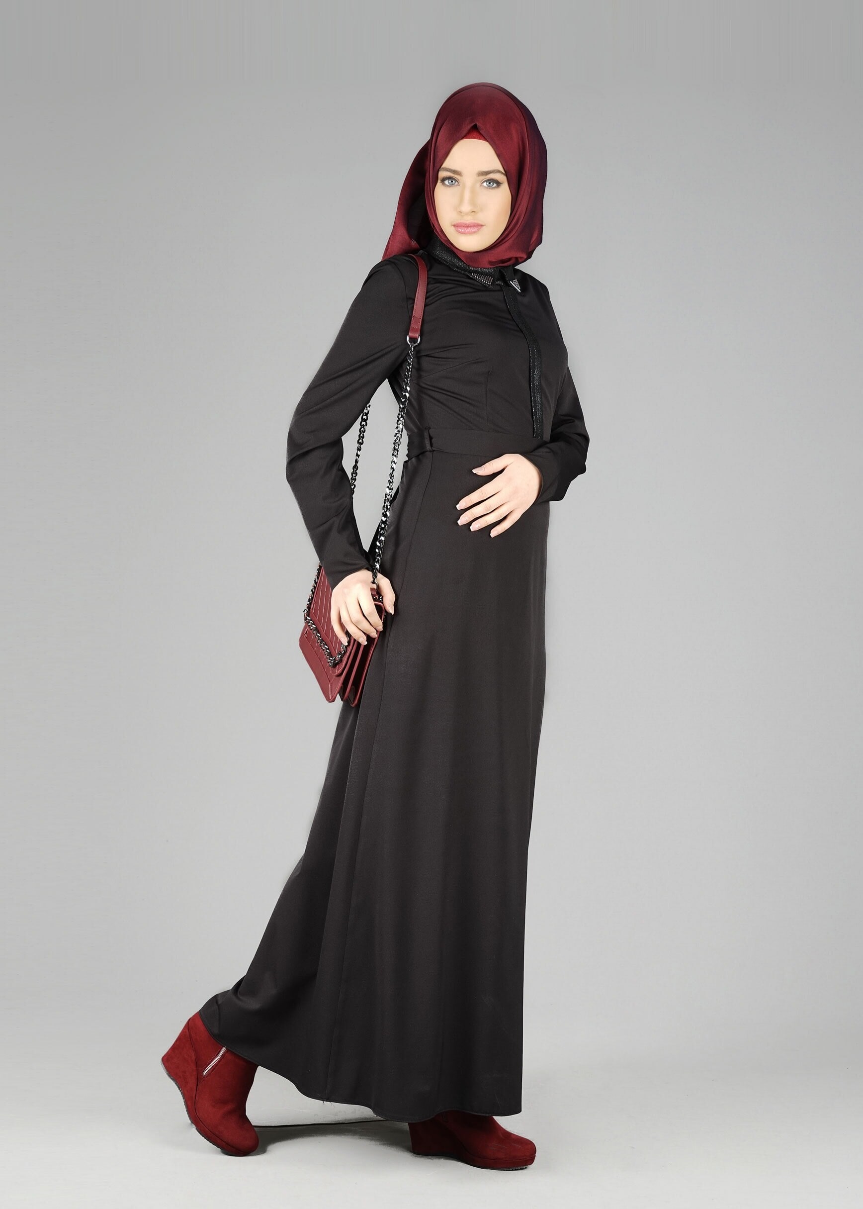 Tesettür giyim SİYAH DERİ DETAYLI ELBİSE 4964 