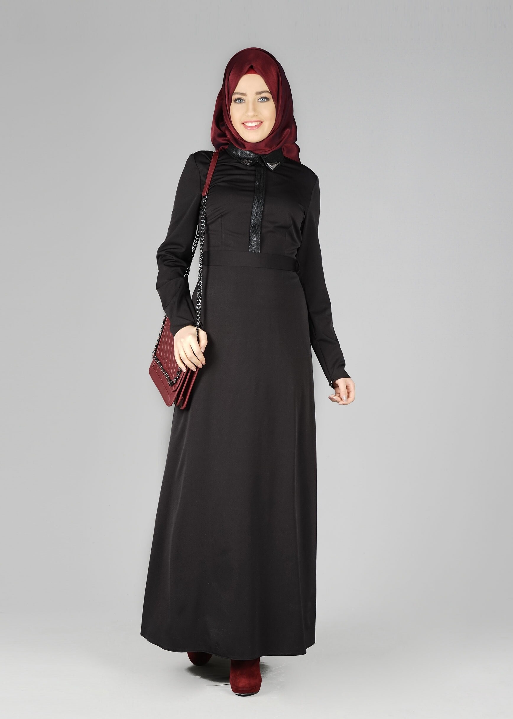 Tesettür giyim SİYAH DERİ DETAYLI ELBİSE 4964 