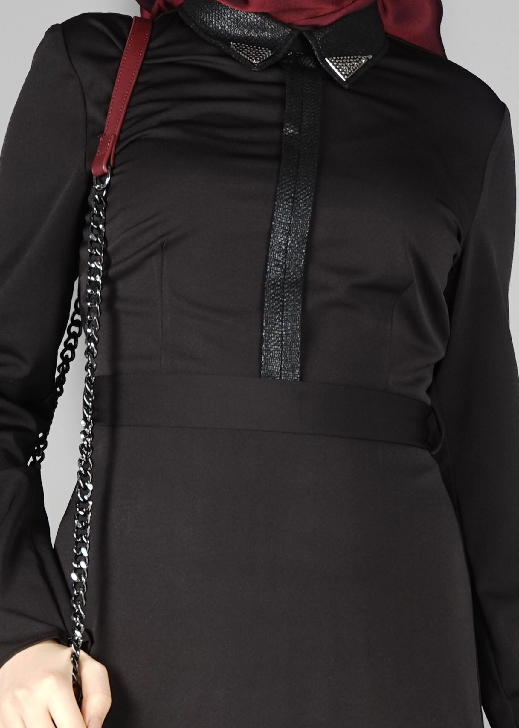 Tesettür giyim SİYAH DERİ DETAYLI ELBİSE 4964 