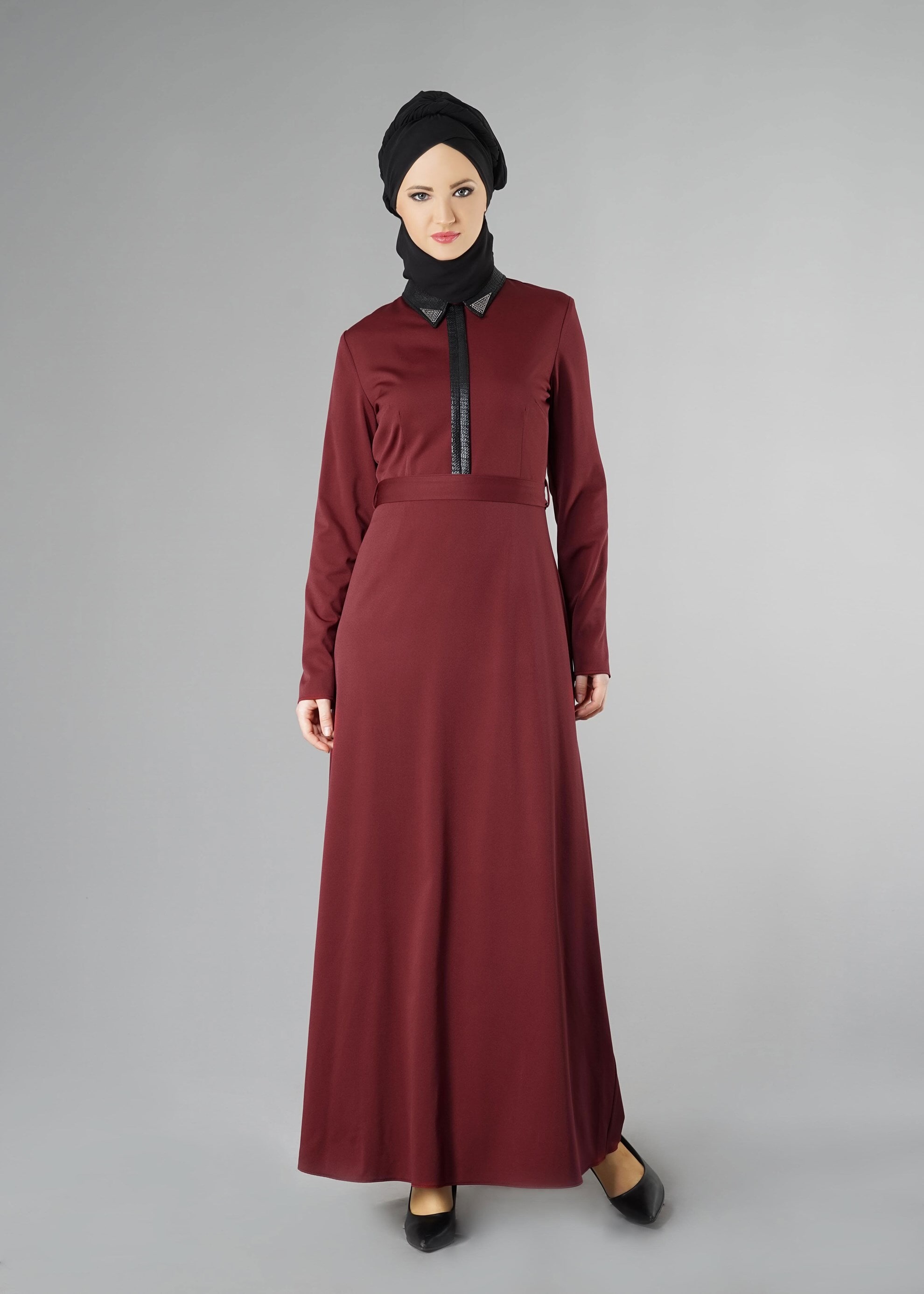 Tesettür giyim BORDO DERİ DETAYLI ELBİSE 4964 