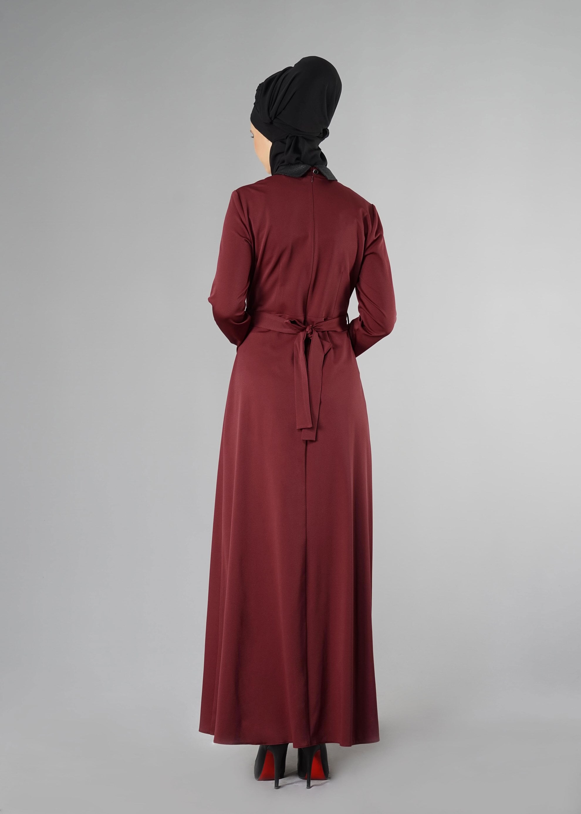 Tesettür giyim BORDO DERİ DETAYLI ELBİSE 4964 