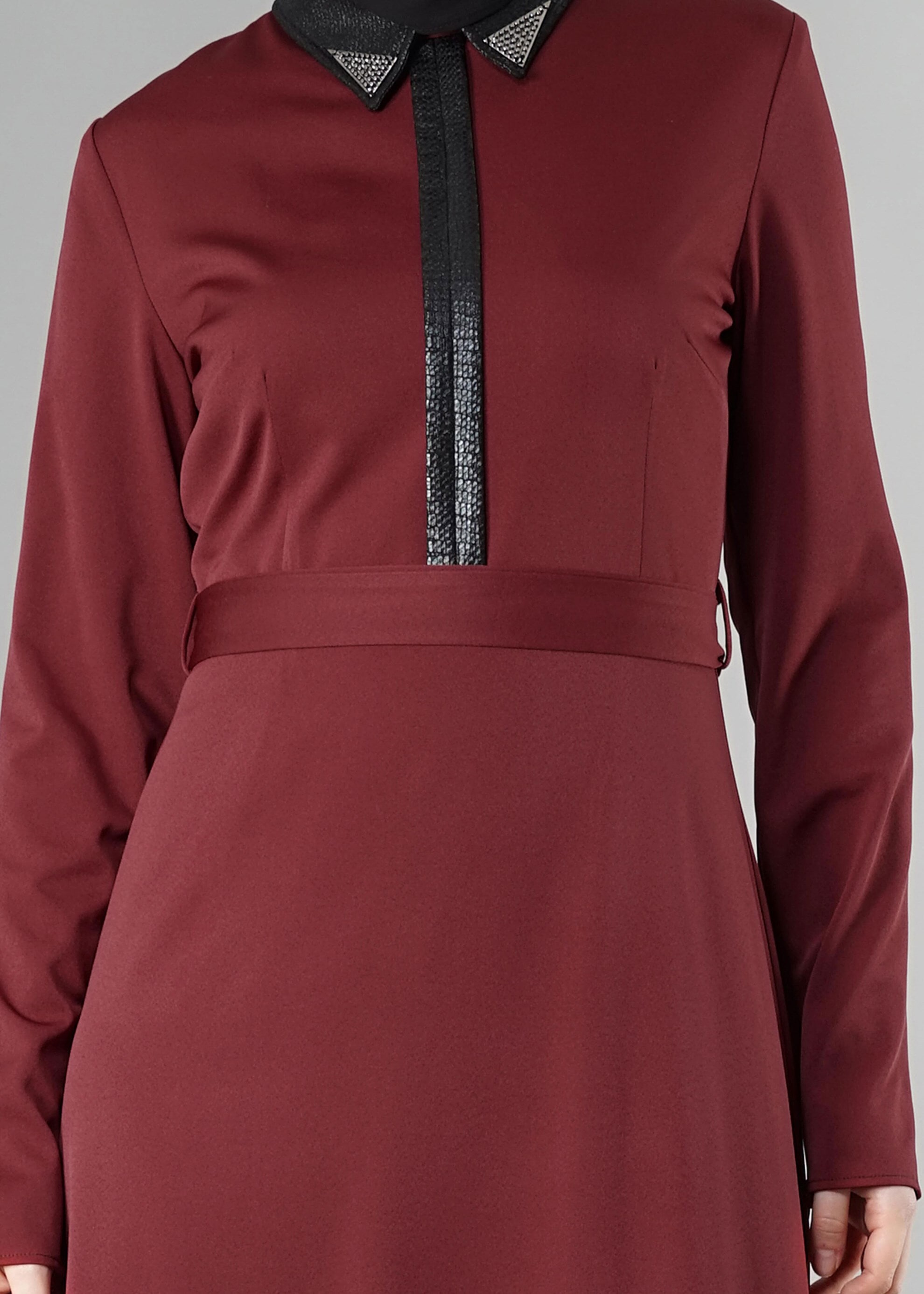 Tesettür giyim BORDO DERİ DETAYLI ELBİSE 4964 