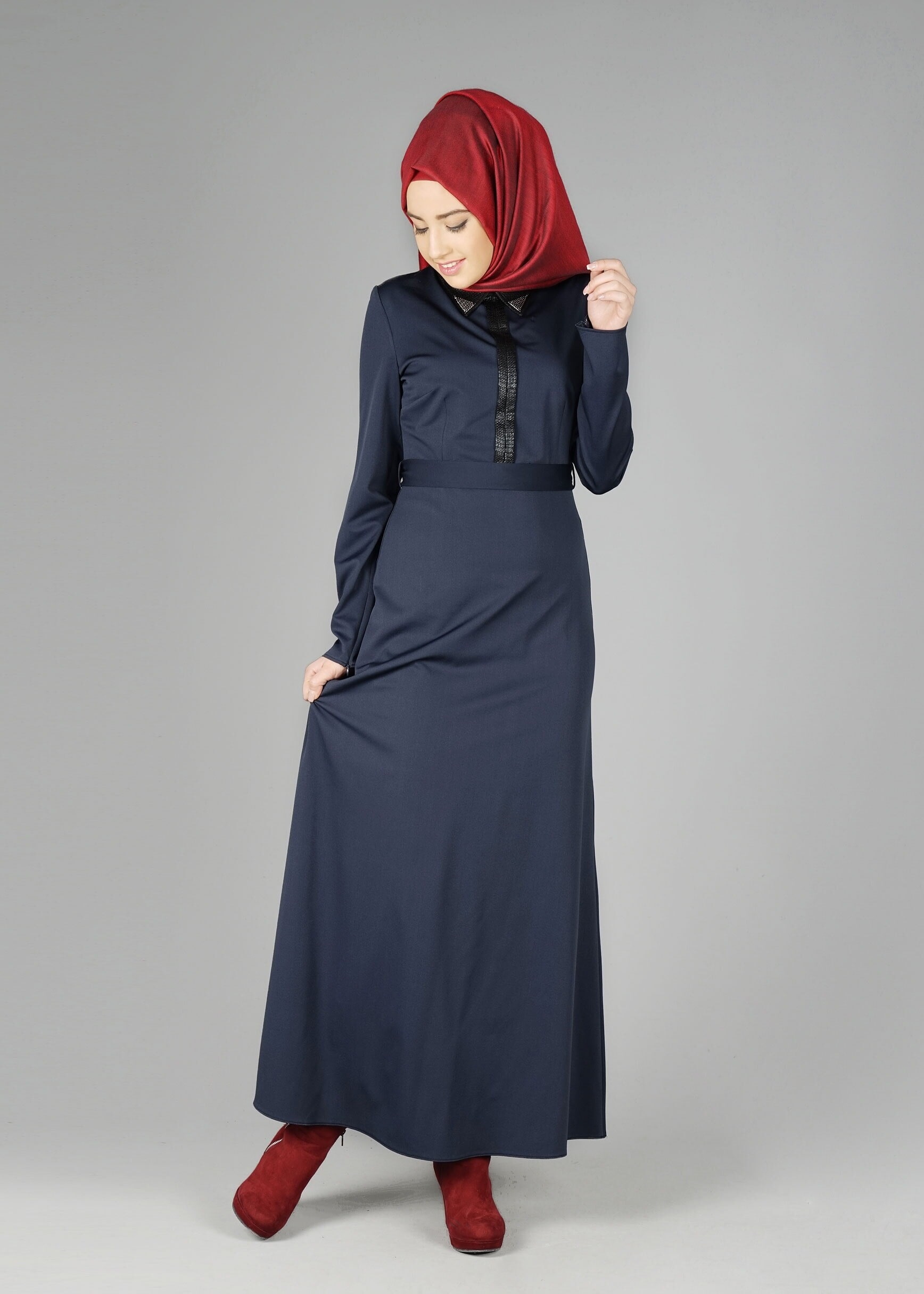Tesettür giyim LACİVERT DERİ DETAYLI ELBİSE 4964 