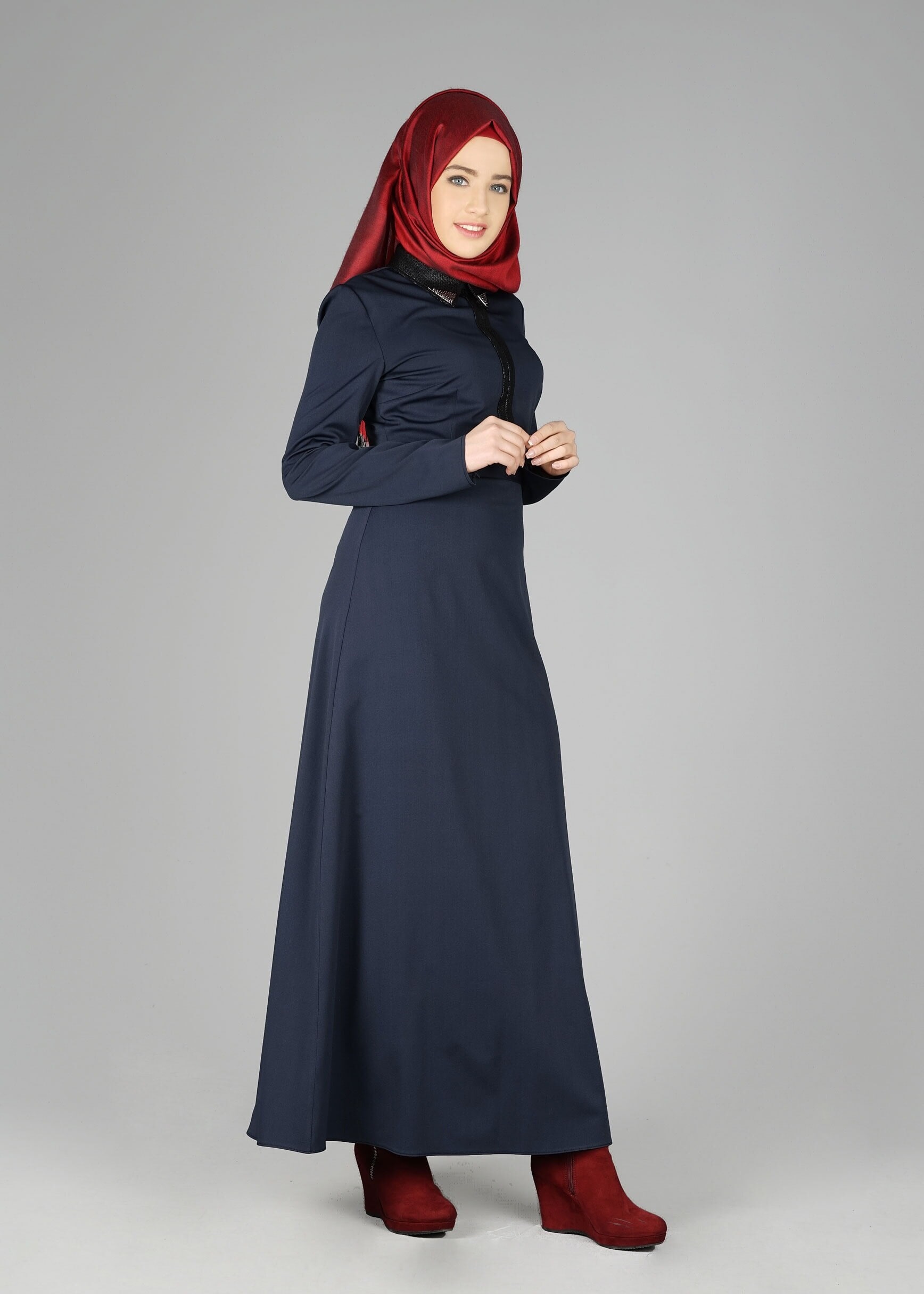 Tesettür giyim LACİVERT DERİ DETAYLI ELBİSE 4964 