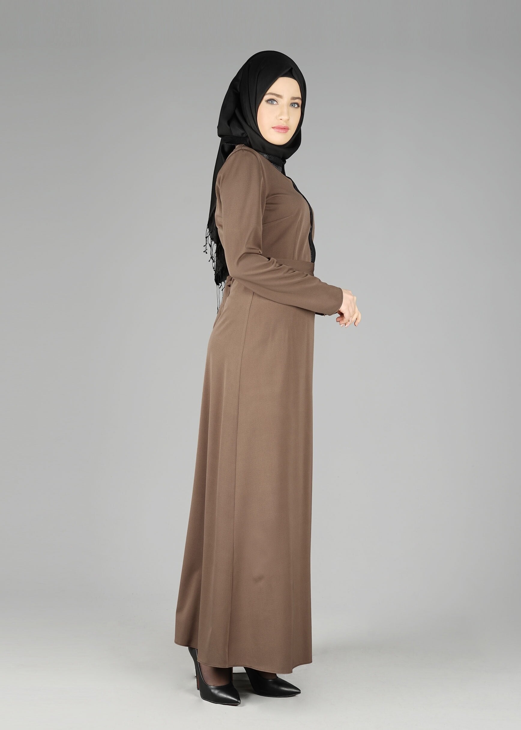Tesettür giyim VİZON DERİ DETAYLI ELBİSE 4964 