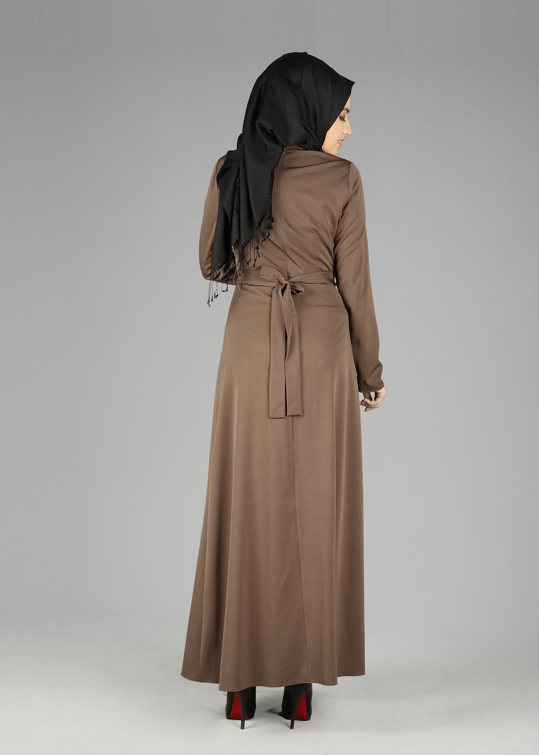 Tesettür giyim VİZON DERİ DETAYLI ELBİSE 4964 