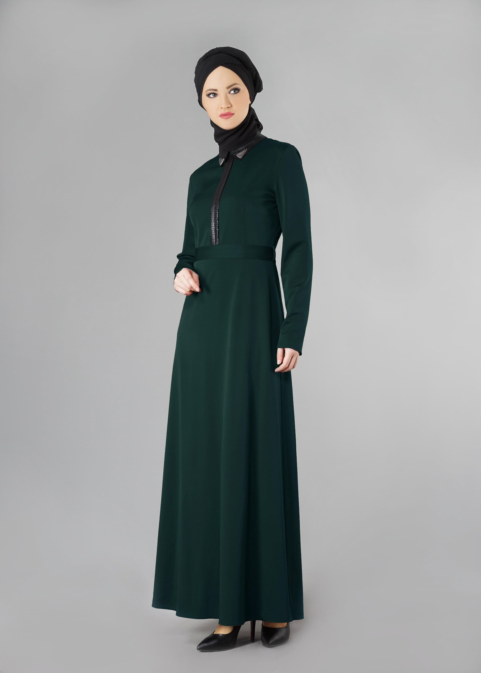 Tesettür giyim YEŞİL DERİ DETAYLI ELBİSE 4964 
