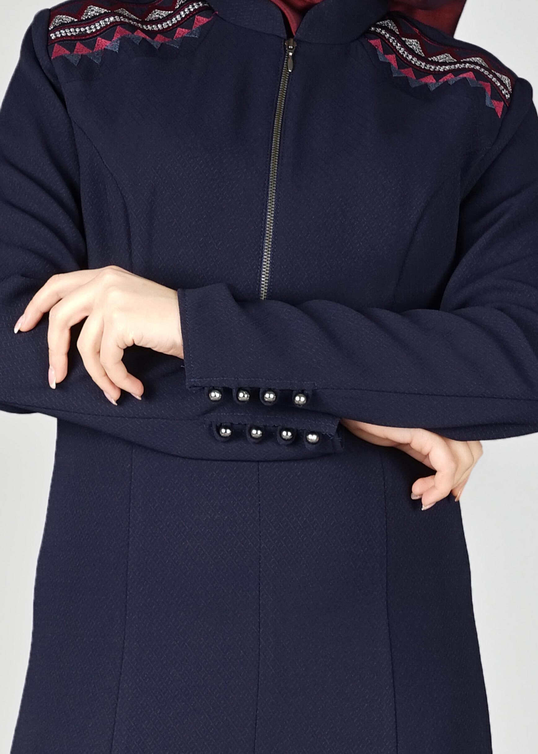 Tesettür giyim LACİVERT NAKIŞLI FERMUARLI ELBİSE 4966 