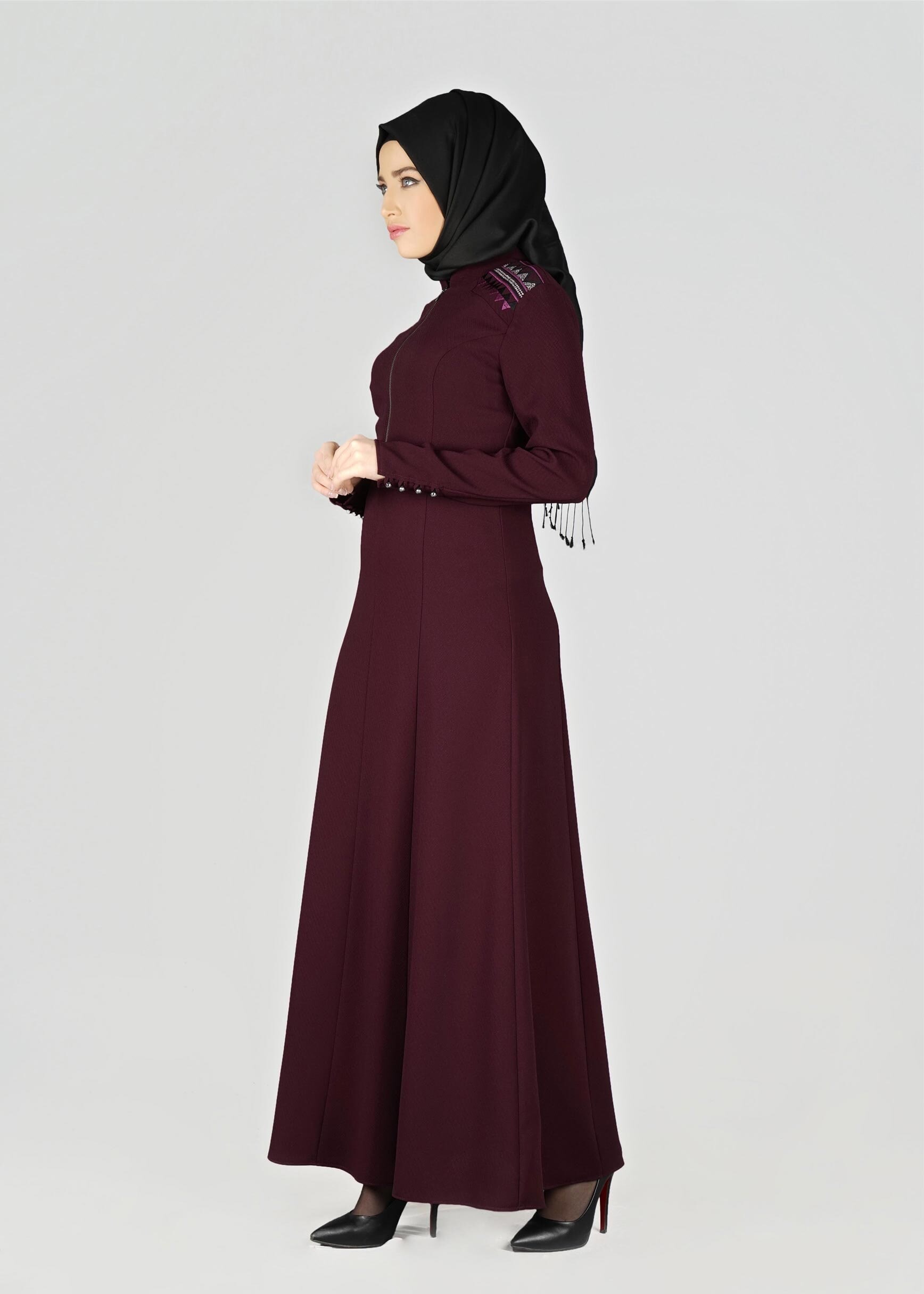 Tesettür giyim MÜRDÜM NAKIŞLI FERMUARLI ELBİSE 4966 