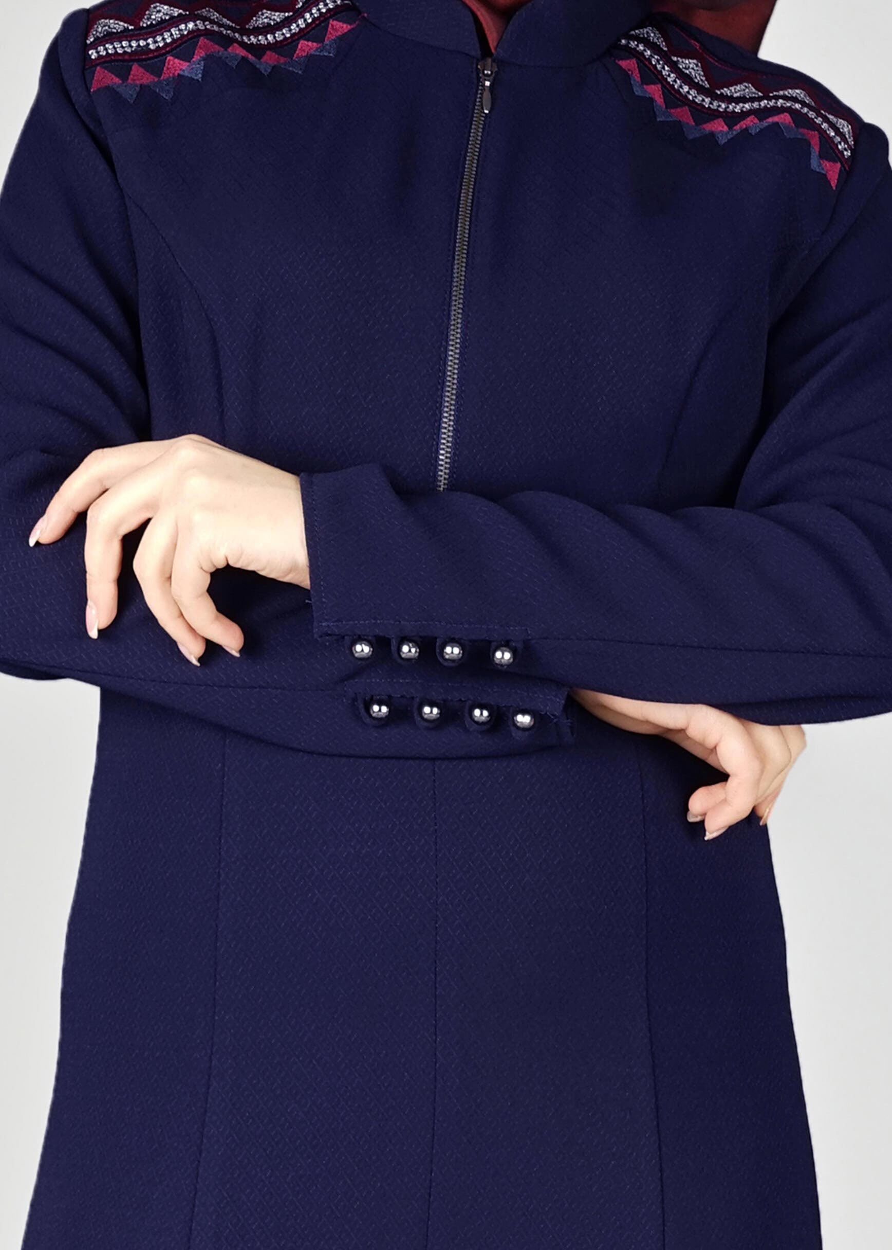 Tesettür giyim LACİVERT NAKIŞLI FERMUARLI ELBİSE 4966 