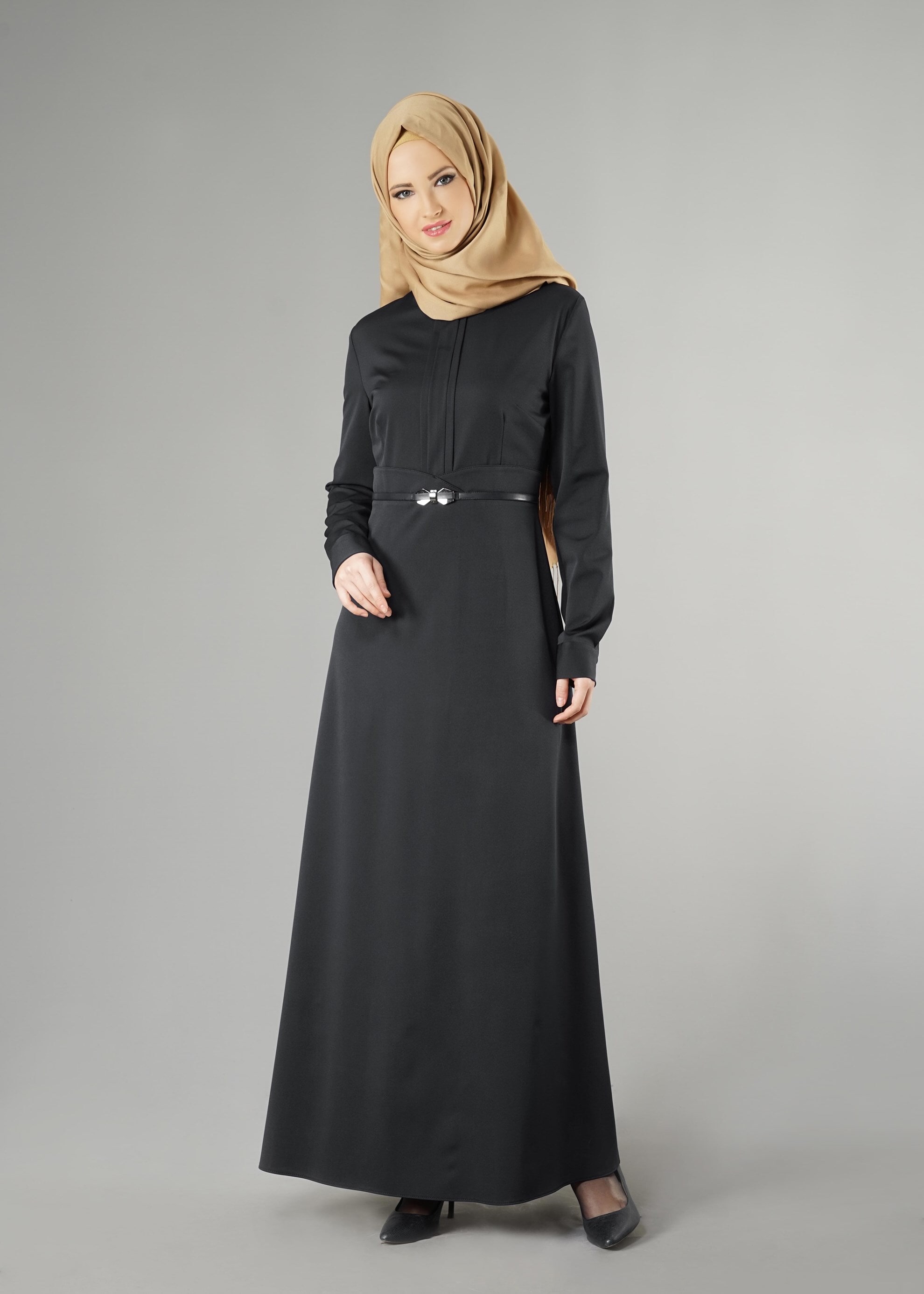 Tesettür giyim SİYAH BELİ KEMERLİ ELBİSE 4967 