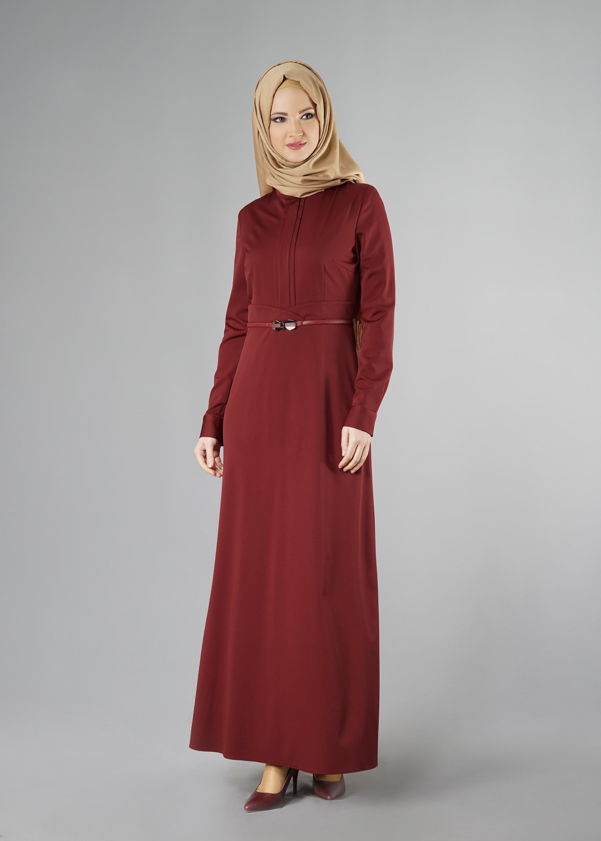 Tesettür giyim BORDO BELİ KEMERLİ ELBİSE 4967 