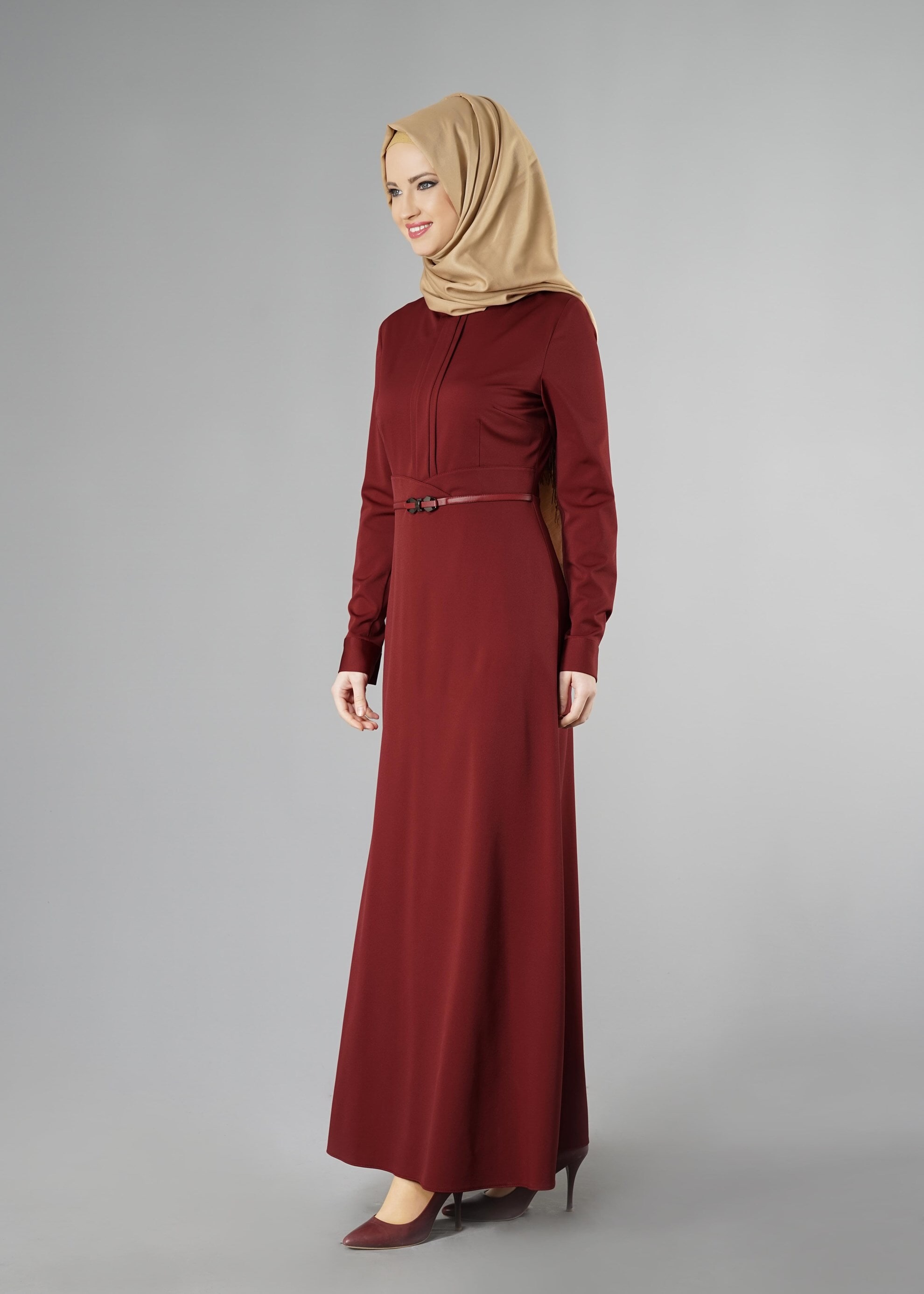 Tesettür giyim BORDO BELİ KEMERLİ ELBİSE 4967 