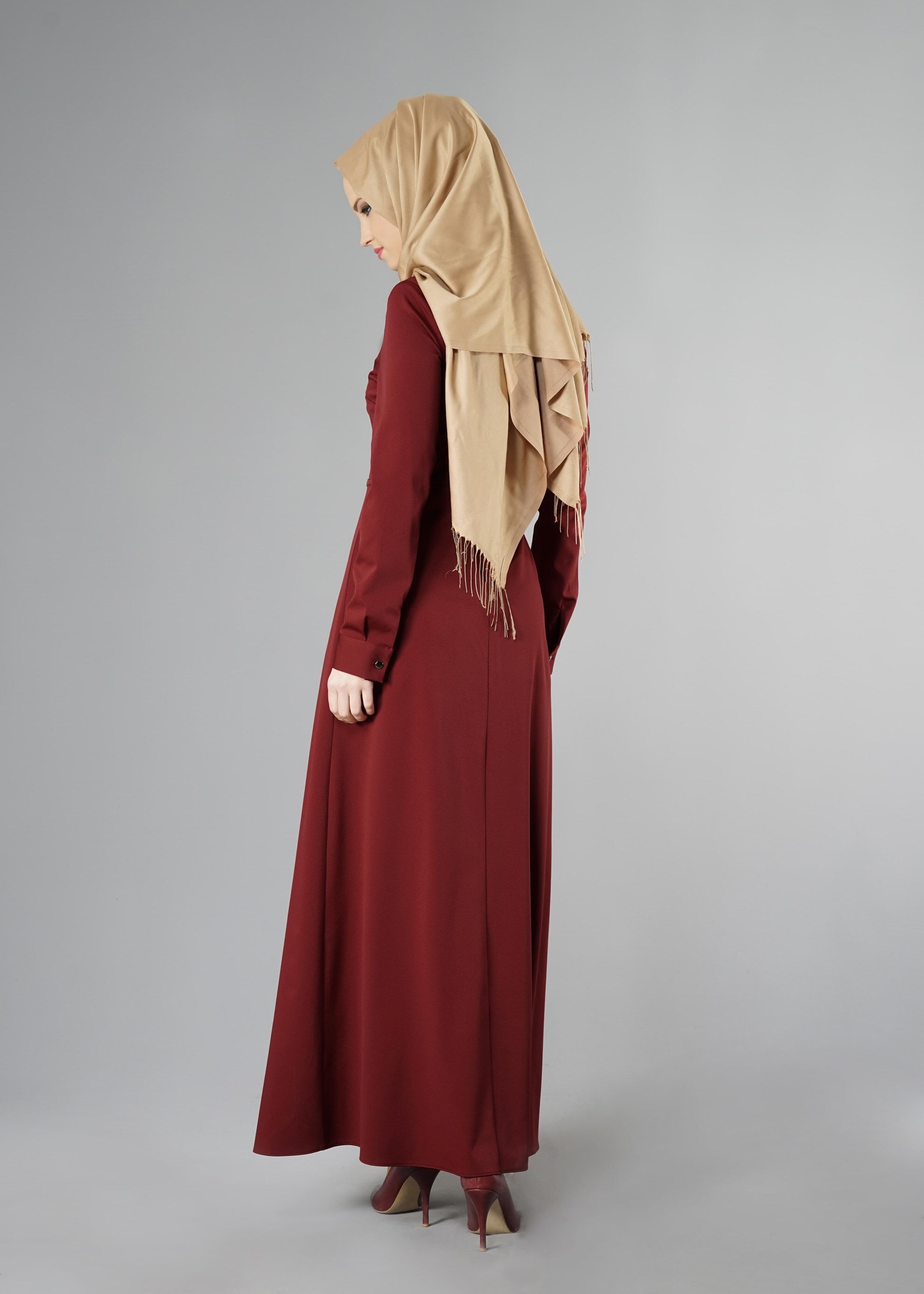 Tesettür giyim BORDO BELİ KEMERLİ ELBİSE 4967 