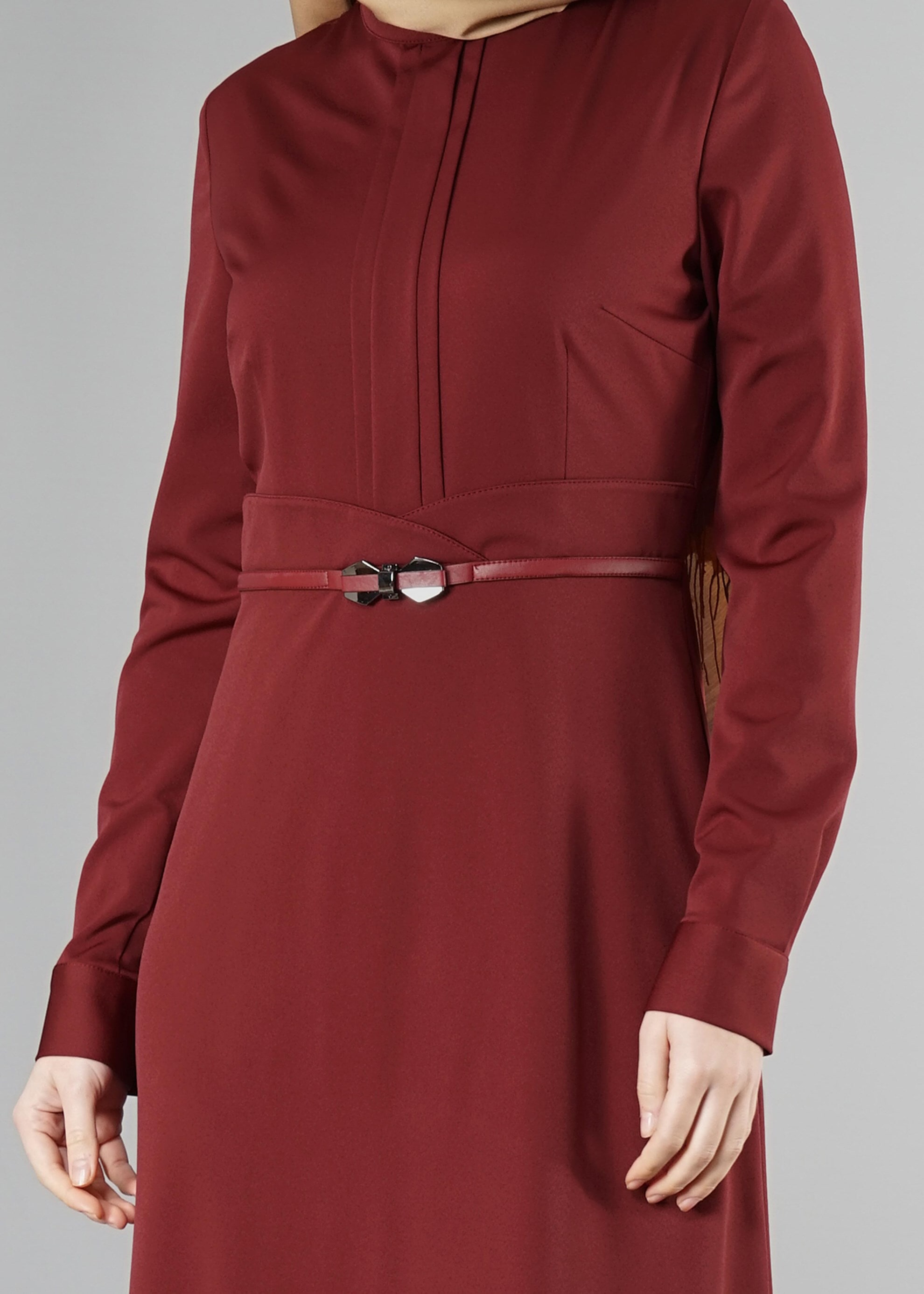 Tesettür giyim BORDO BELİ KEMERLİ ELBİSE 4967 