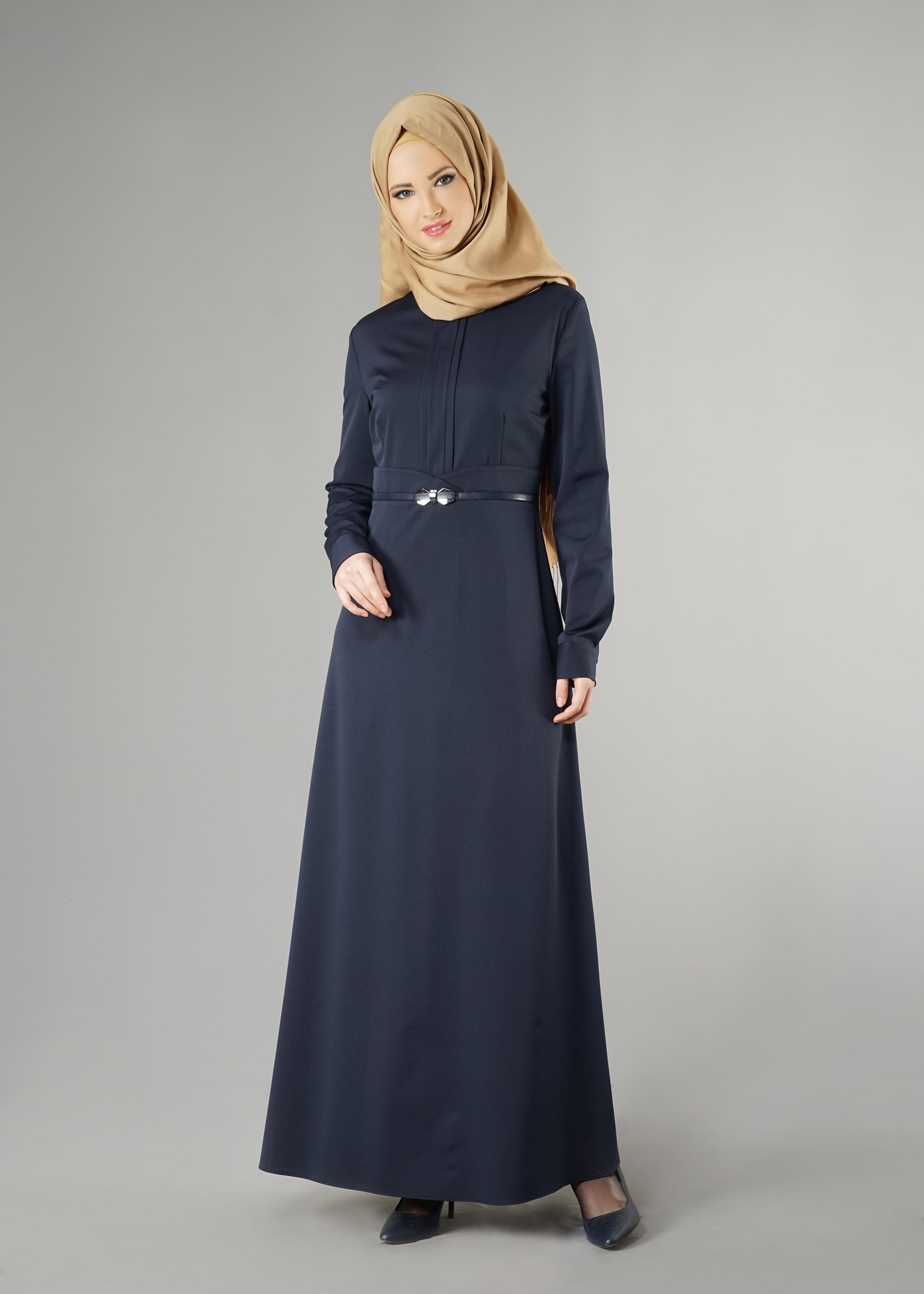 Tesettür giyim LACİVERT BELİ KEMERLİ ELBİSE 4967 