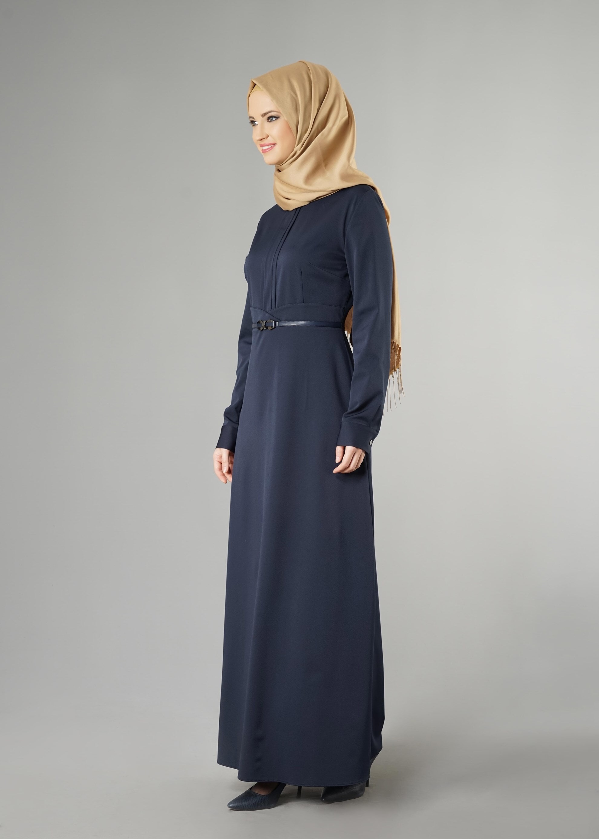 Tesettür giyim LACİVERT BELİ KEMERLİ ELBİSE 4967 