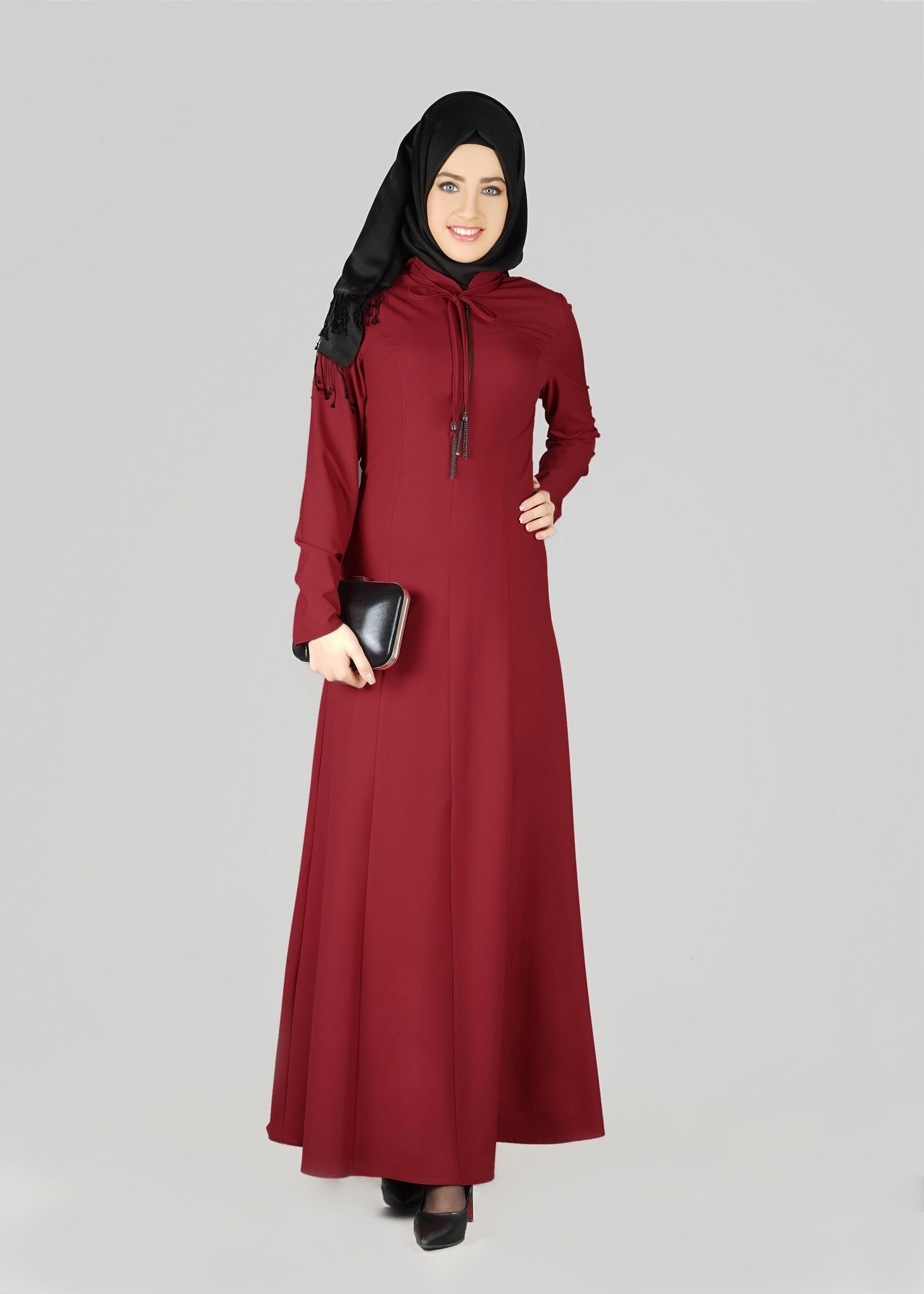 Tesettür giyim BORDO BAĞLAMA DETAYLI ELBİSE 4968 