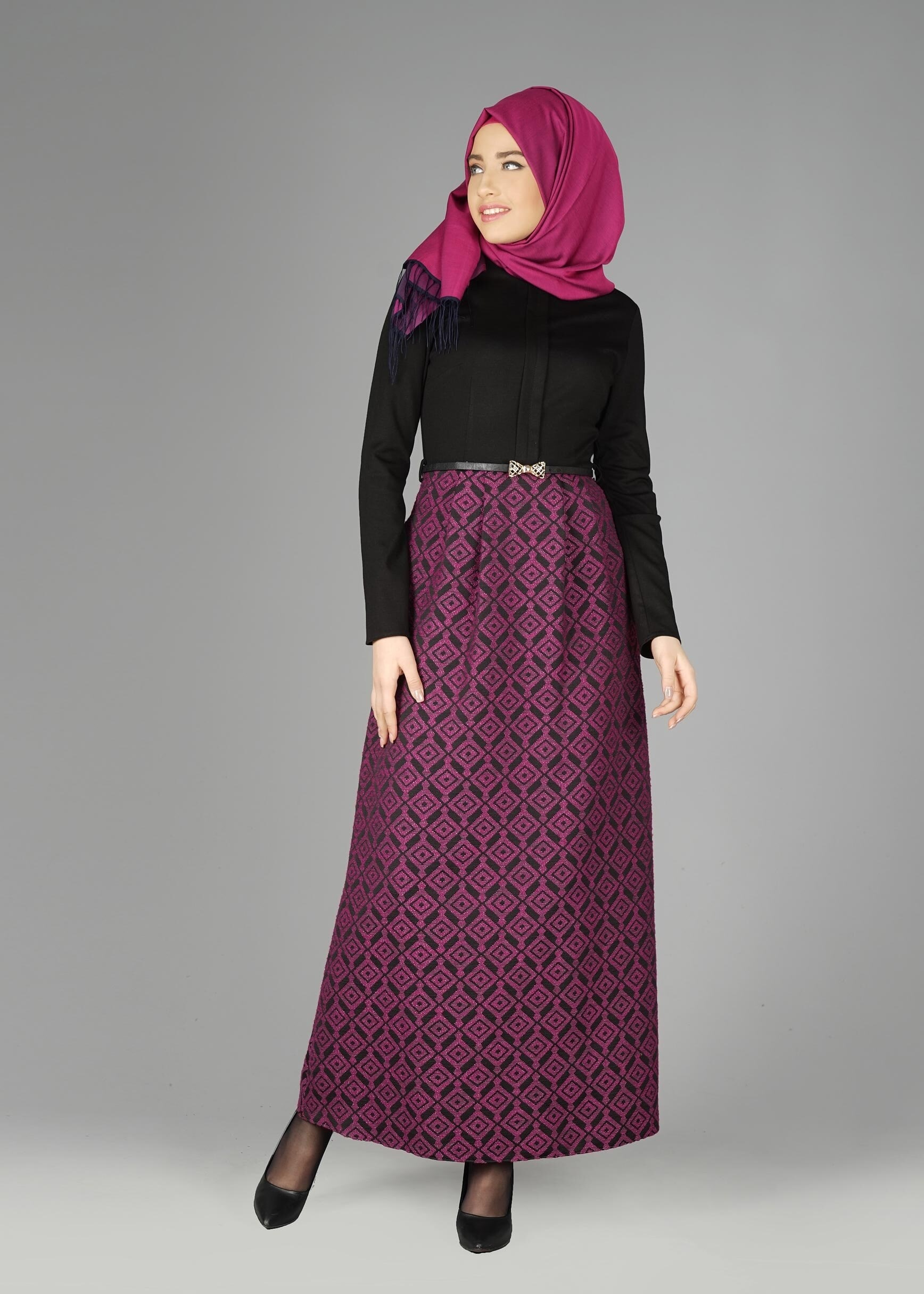 Tesettür giyim FUŞYA DESENLİ ELBİSE 4986 