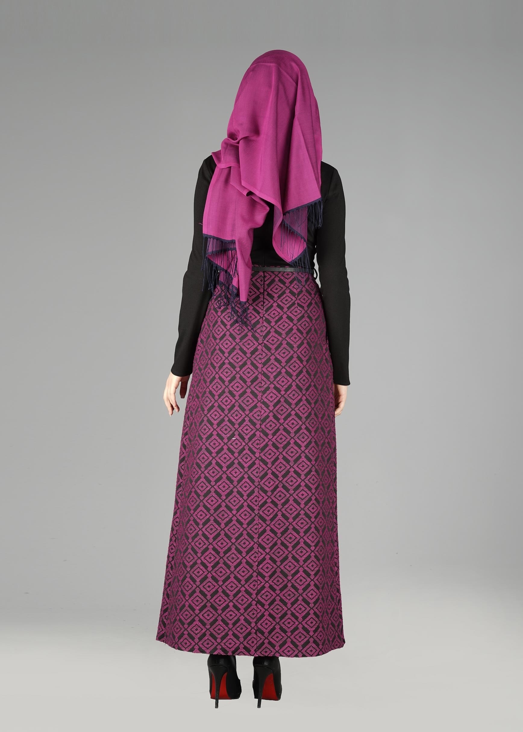 Tesettür giyim FUŞYA DESENLİ ELBİSE 4986 