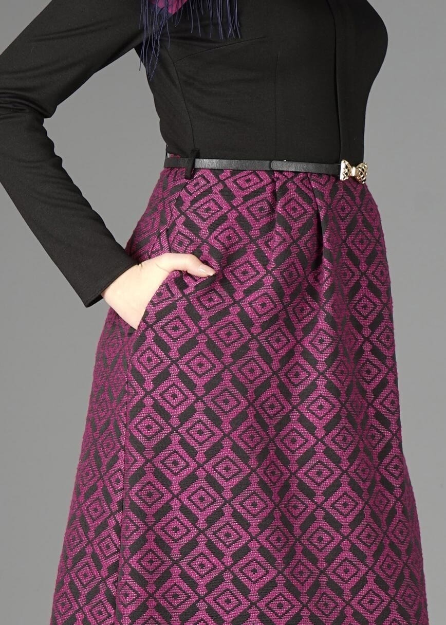 Tesettür giyim FUŞYA DESENLİ ELBİSE 4986 