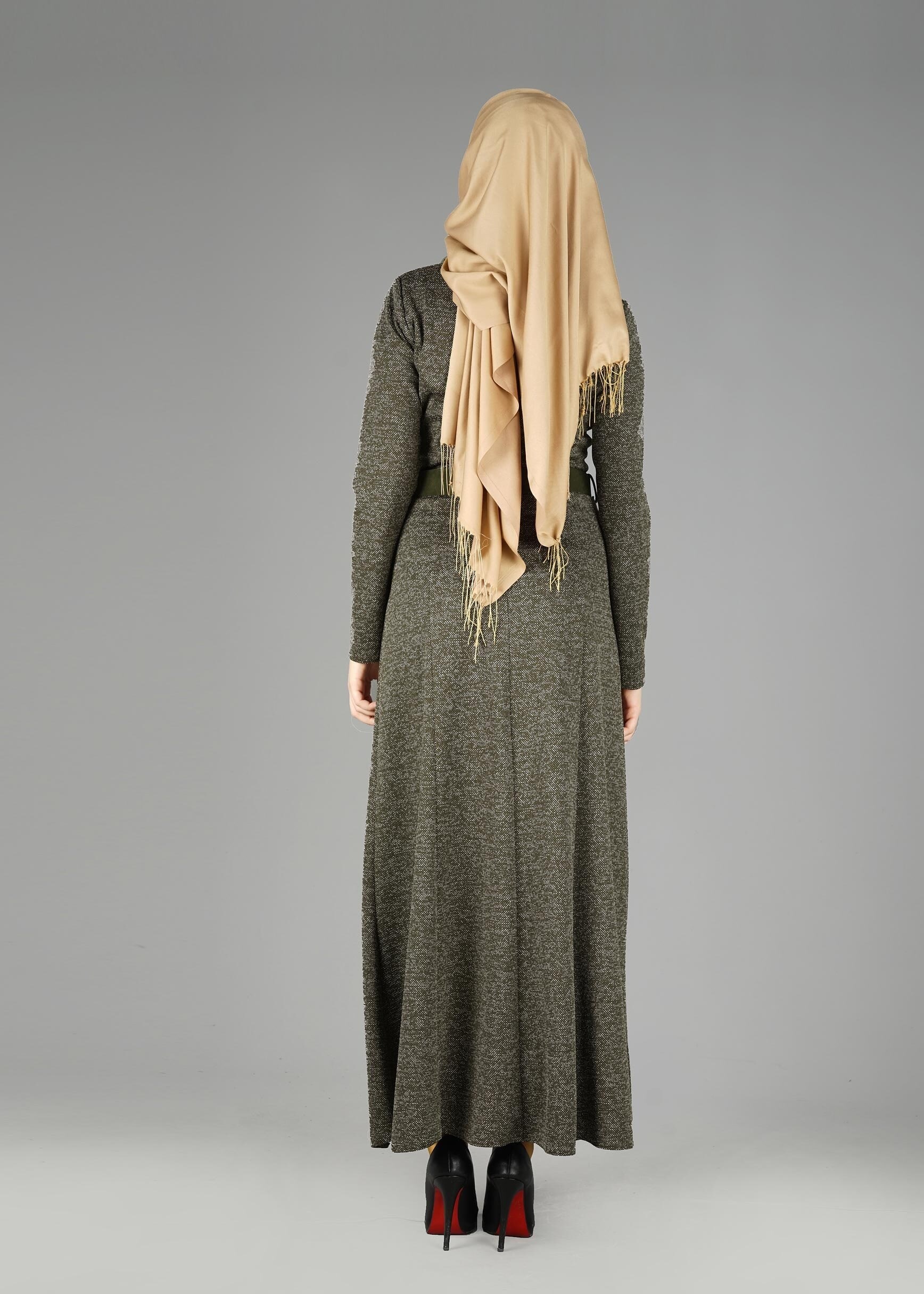 Tesettür giyim HAKİ BALIKÇI YAKA ELBİSE 4987 