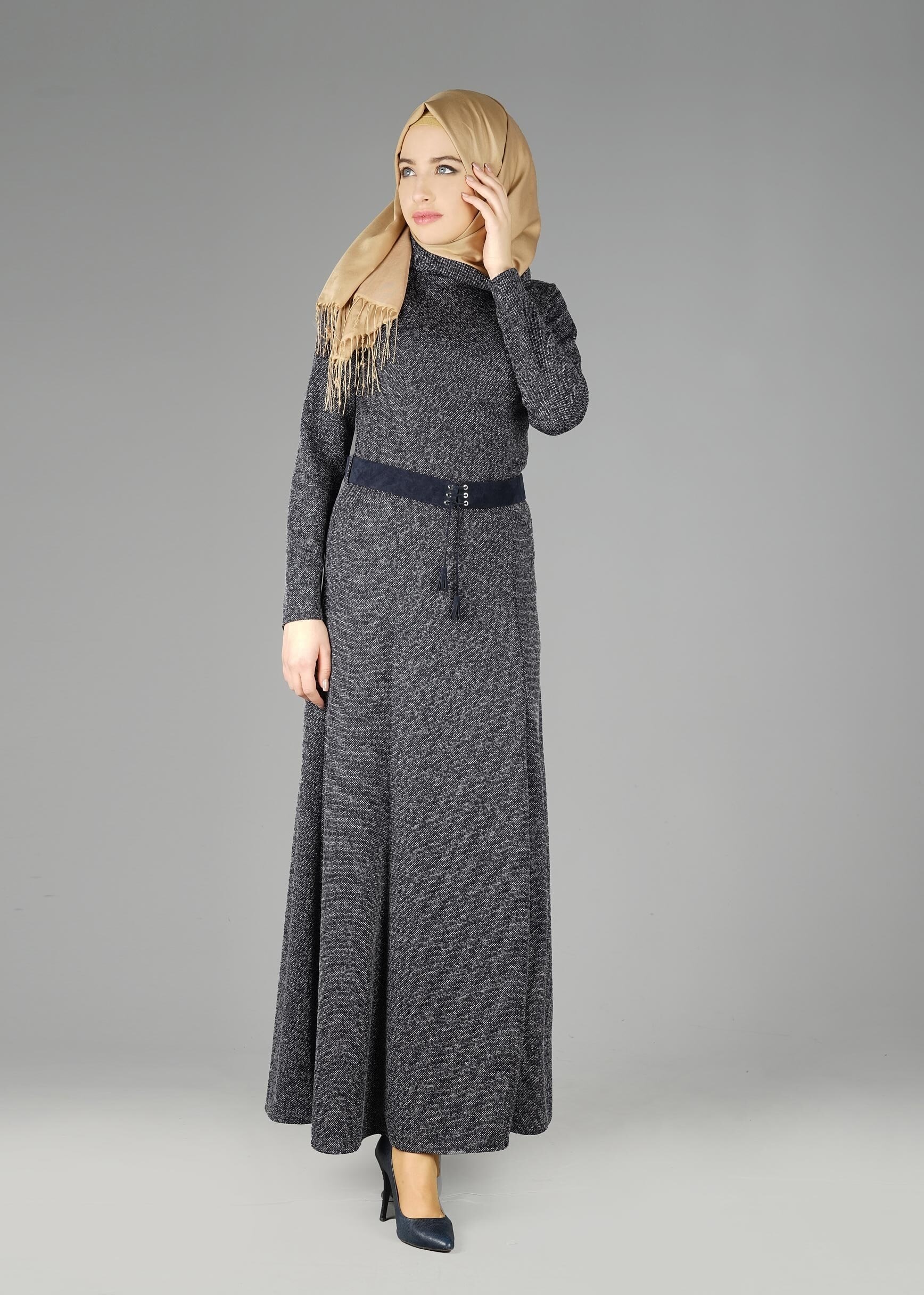 Tesettür giyim LACİVERT BALIKÇI YAKA ELBİSE 4987 