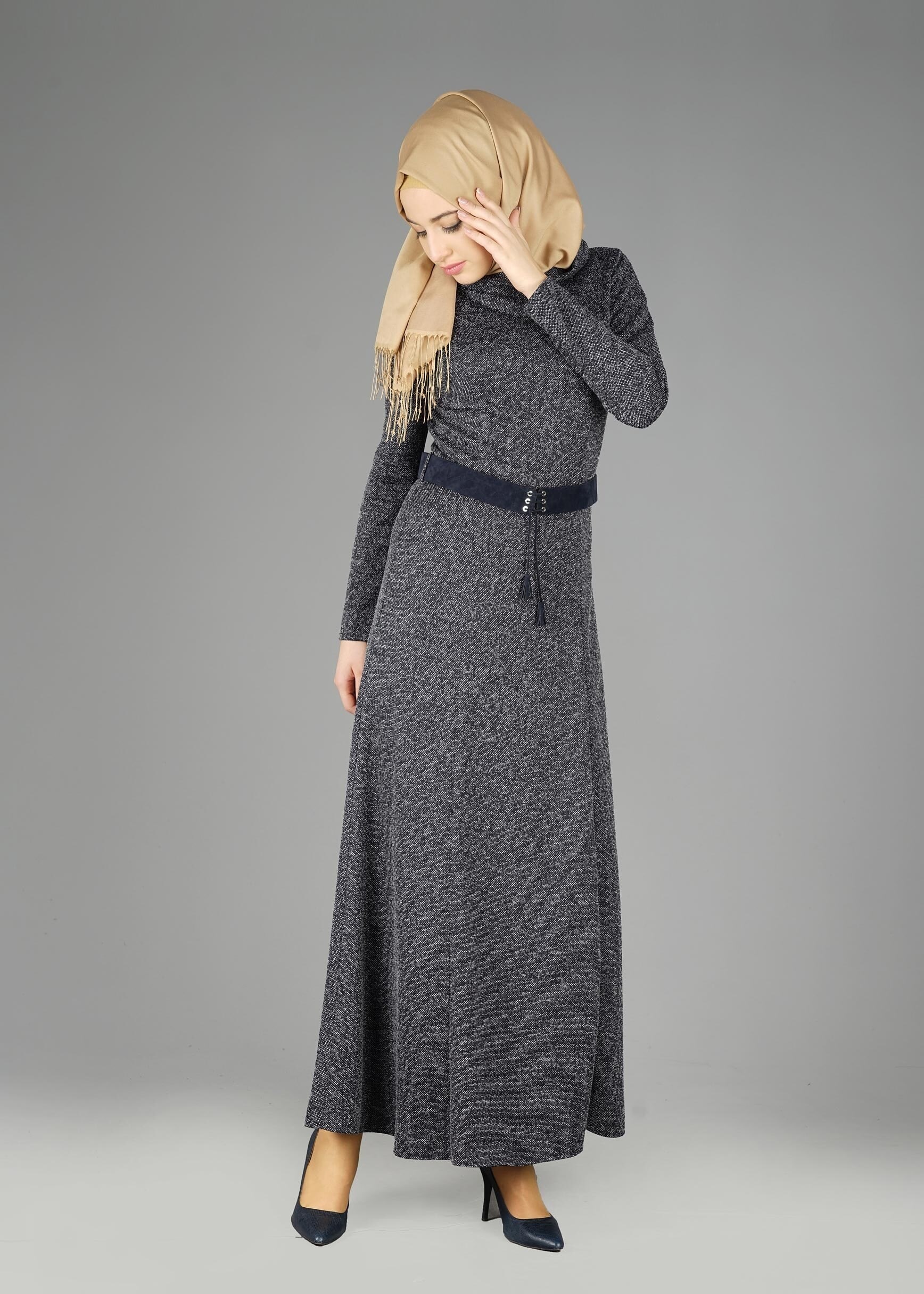 Tesettür giyim LACİVERT BALIKÇI YAKA ELBİSE 4987 